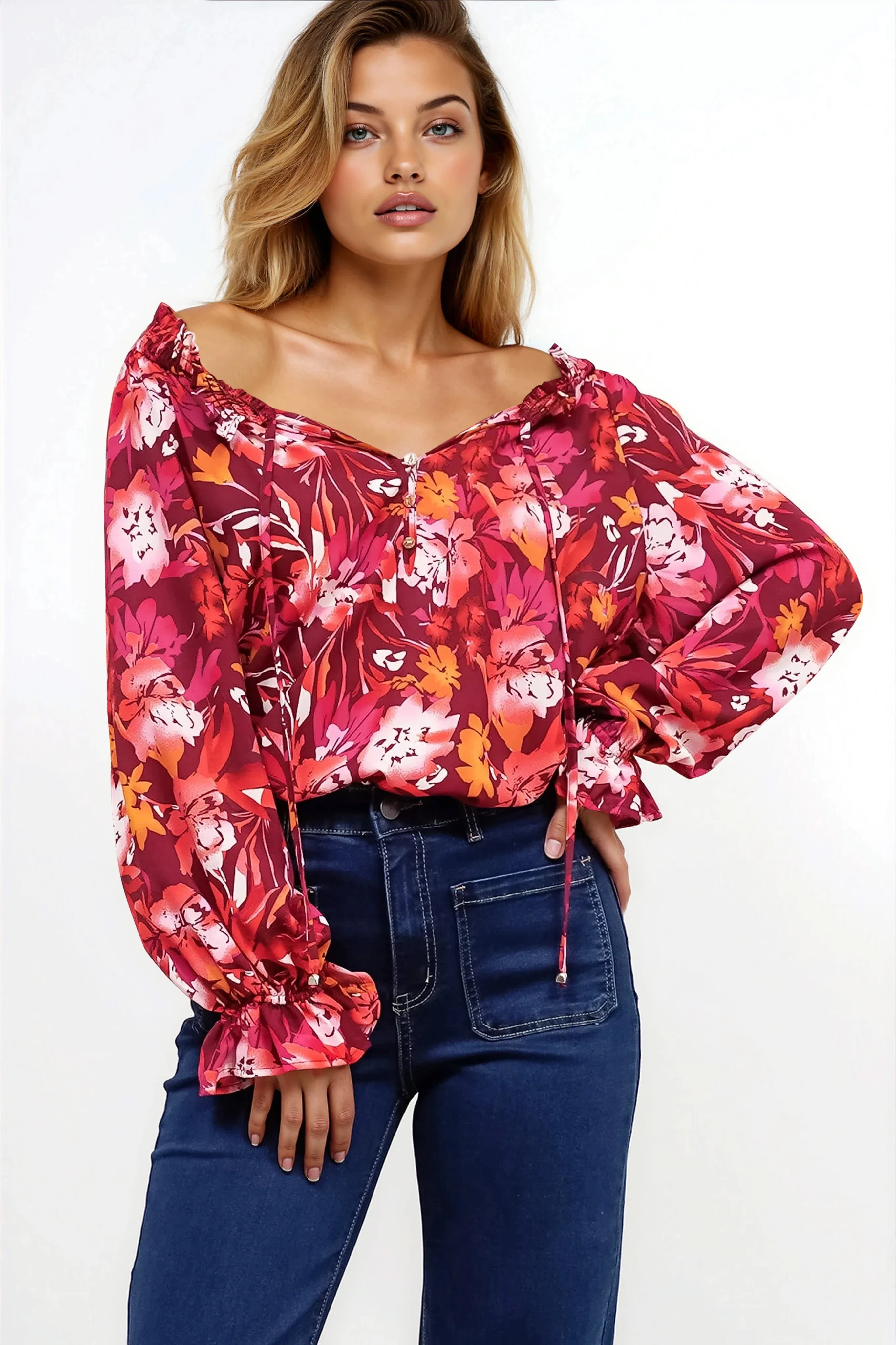Briar Blouse - Frill Collar Pull Over Top with Long Balloon Sleeves in Monroe Print - Image 2