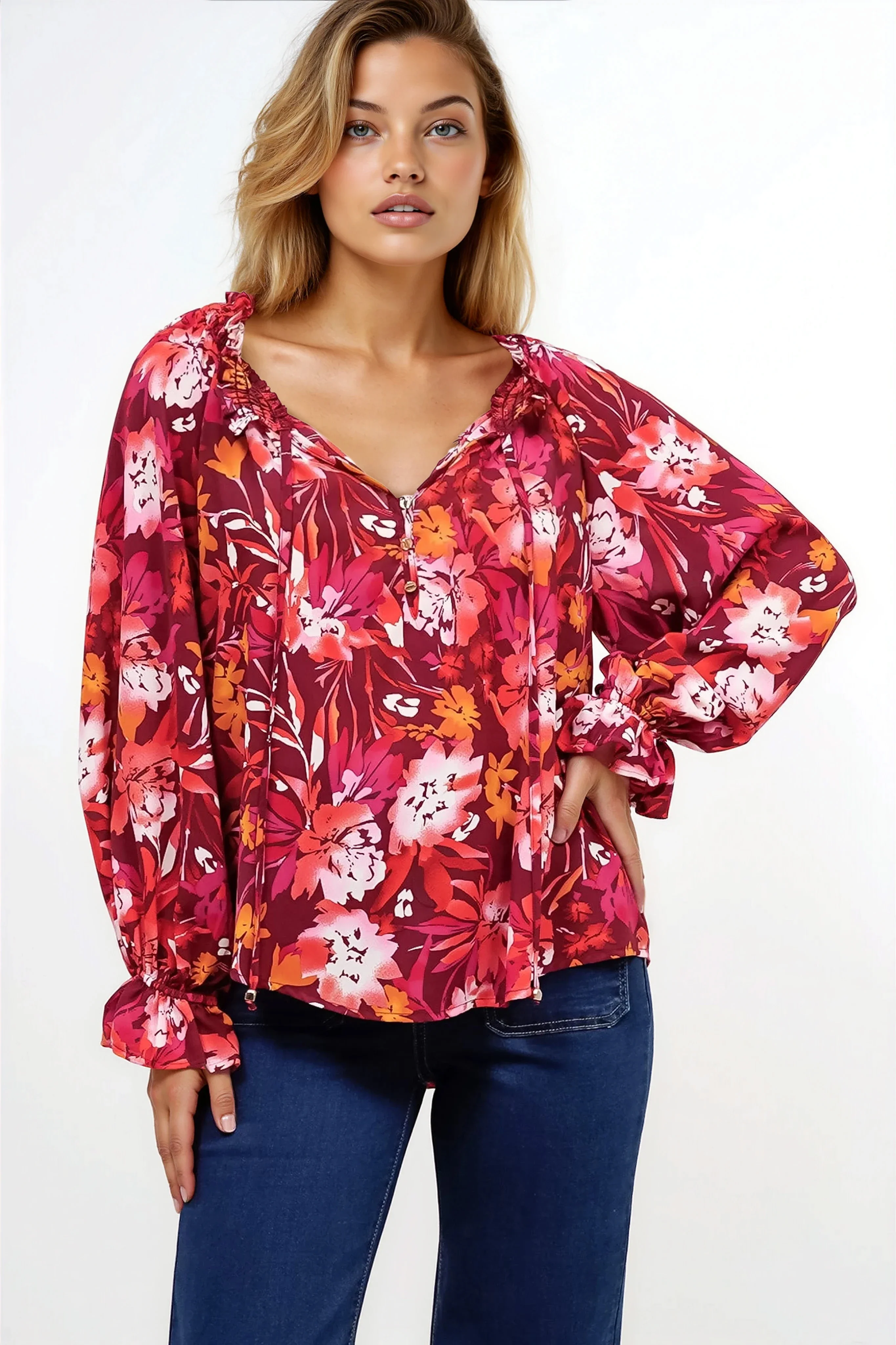 Briar Blouse - Frill Collar Pull Over Top with Long Balloon Sleeves in Monroe Print - Image 3
