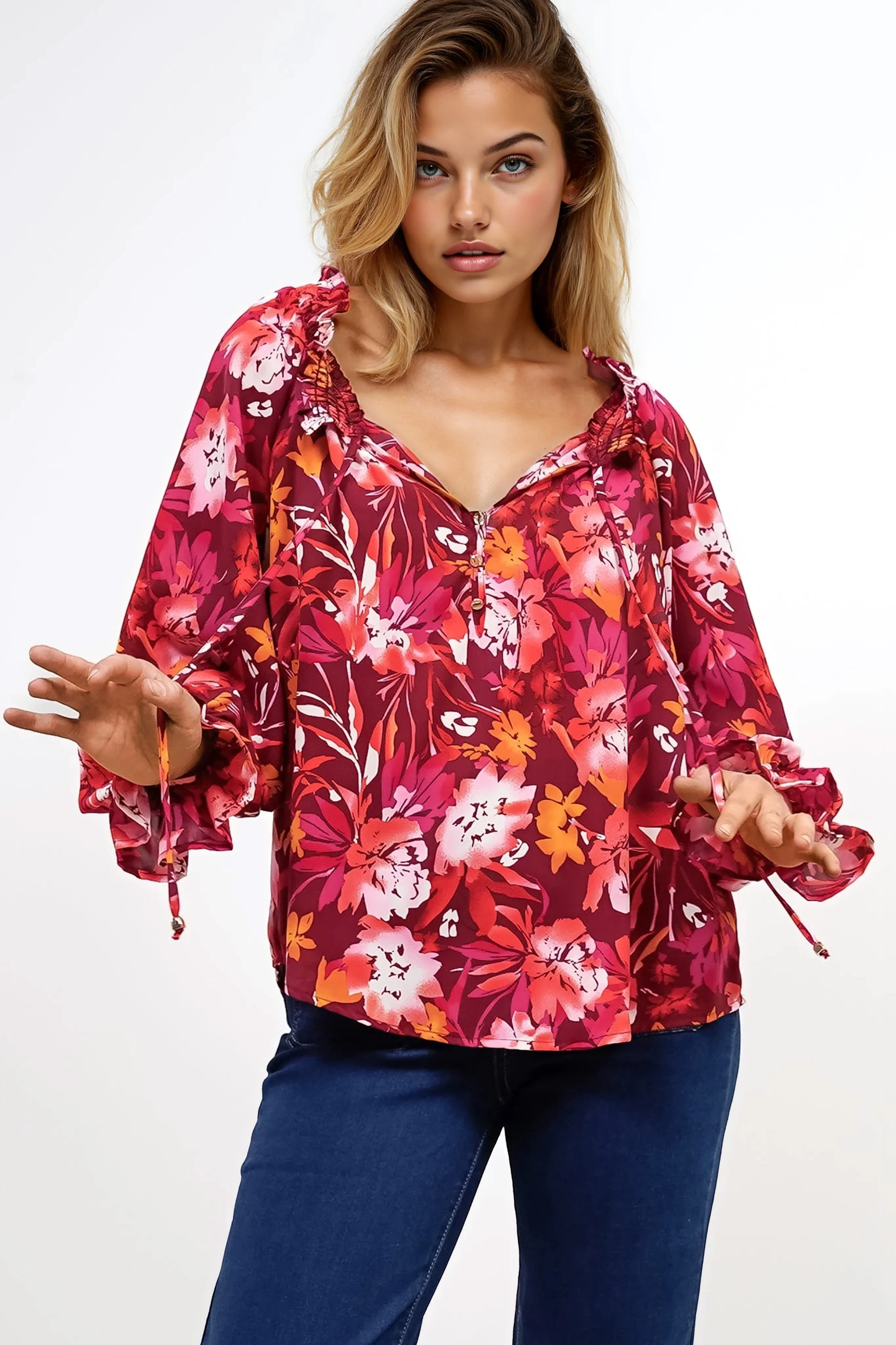 Briar Blouse - Frill Collar Pull Over Top with Long Balloon Sleeves in Monroe Print - Image 4