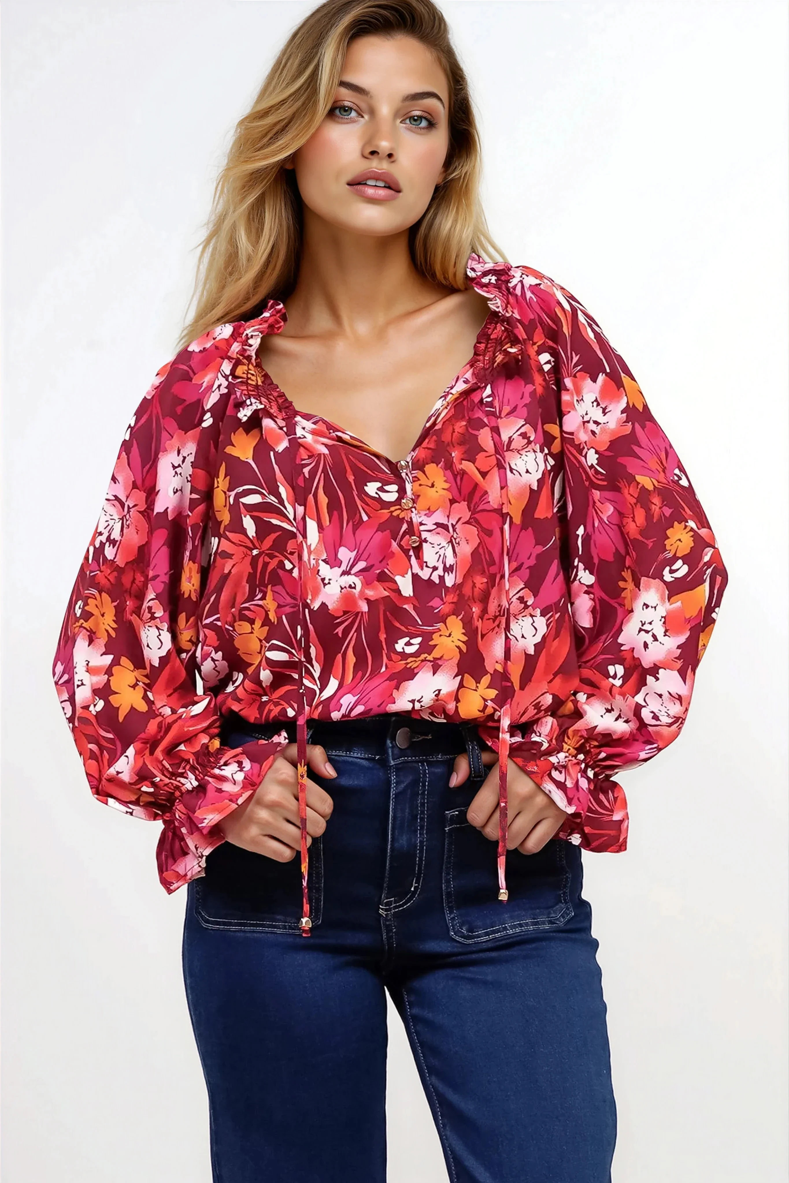 Briar Blouse - Frill Collar Pull Over Top with Long Balloon Sleeves in Monroe Print - Image 5