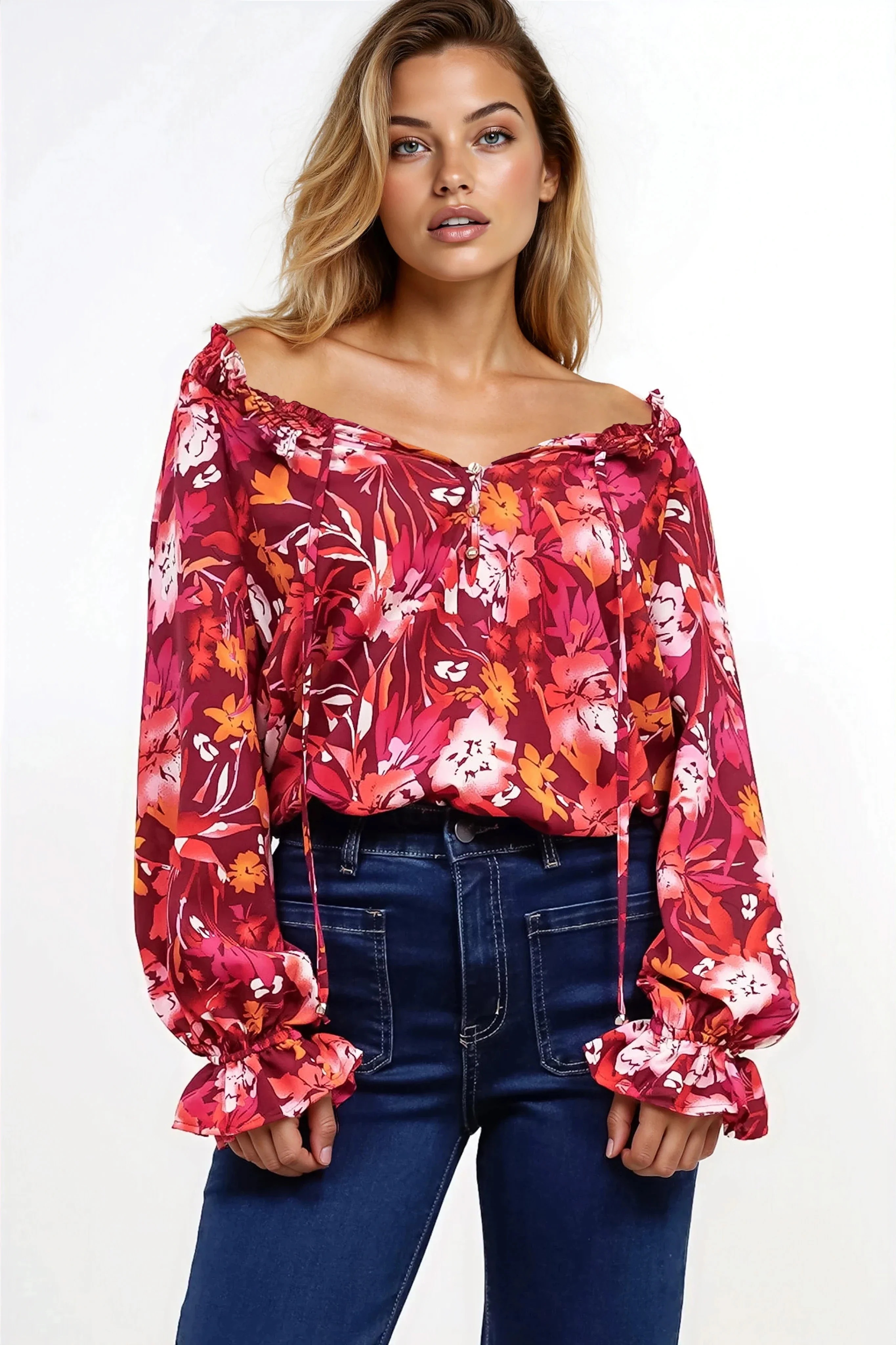 Briar Blouse - Frill Collar Pull Over Top with Long Balloon Sleeves in Monroe Print - Image 6