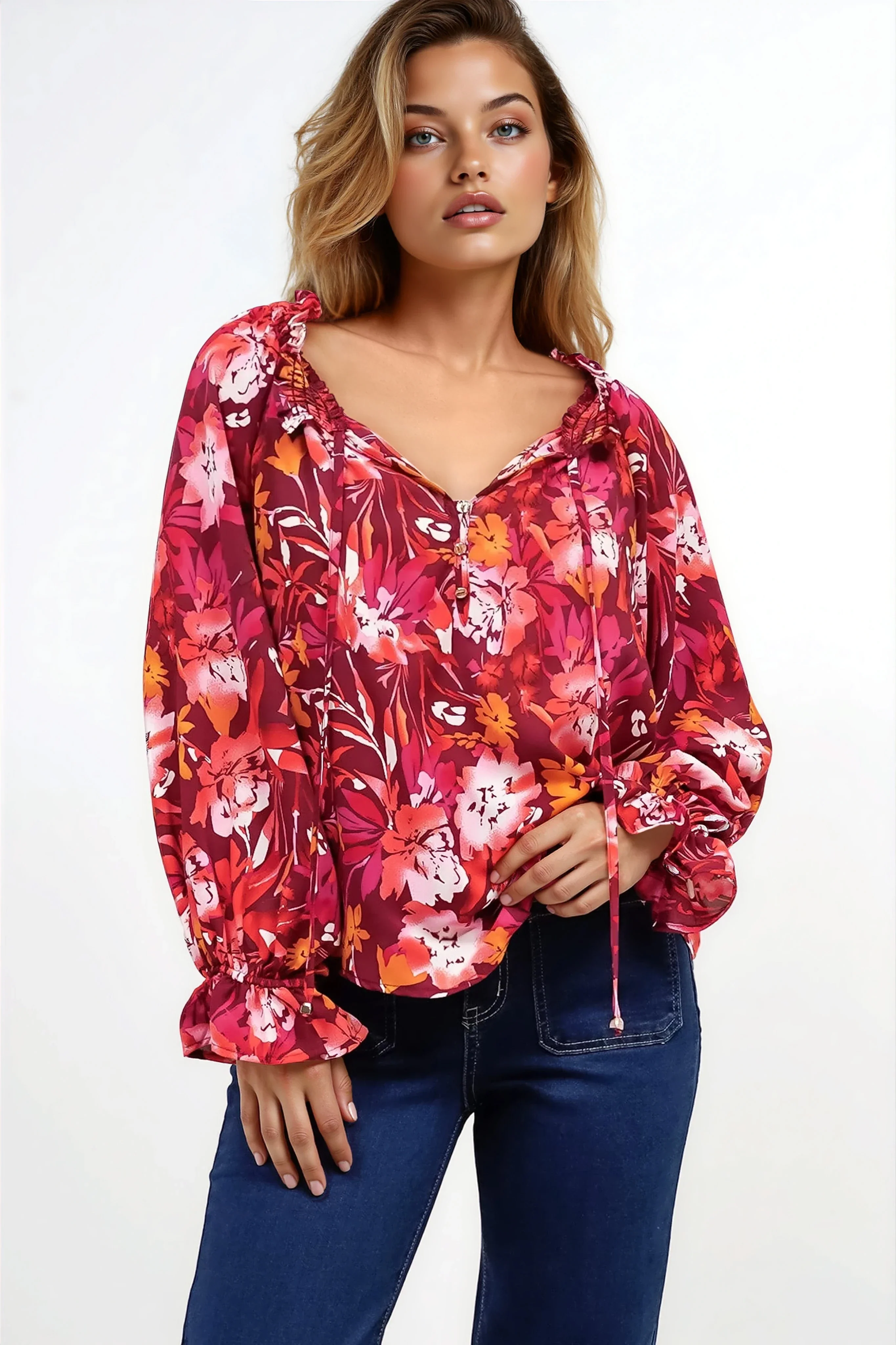 Briar Blouse - Frill Collar Pull Over Top with Long Balloon Sleeves in Monroe Print - Image 7
