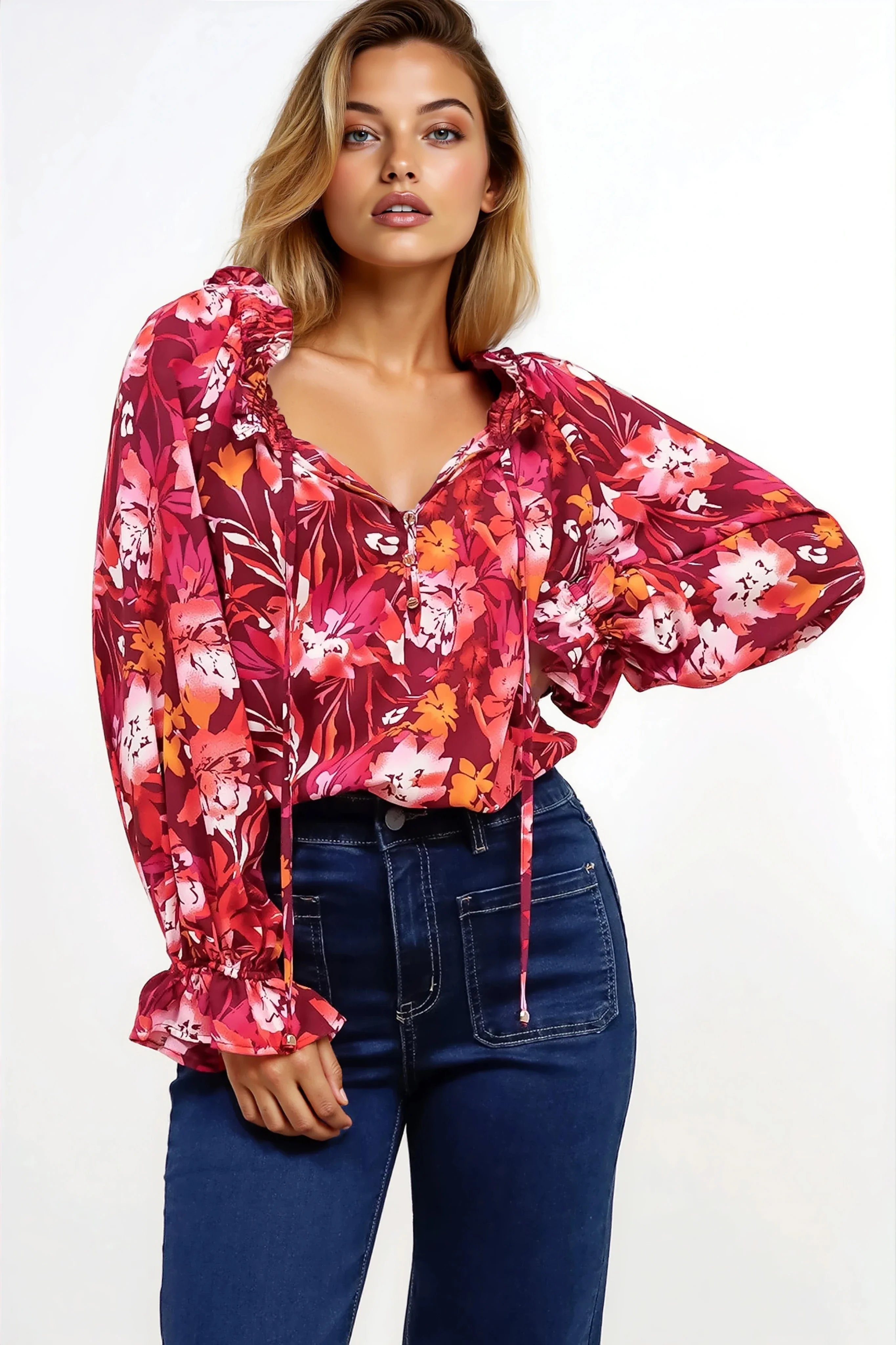 Briar Blouse - Frill Collar Pull Over Top with Long Balloon Sleeves in Monroe Print - Image 8