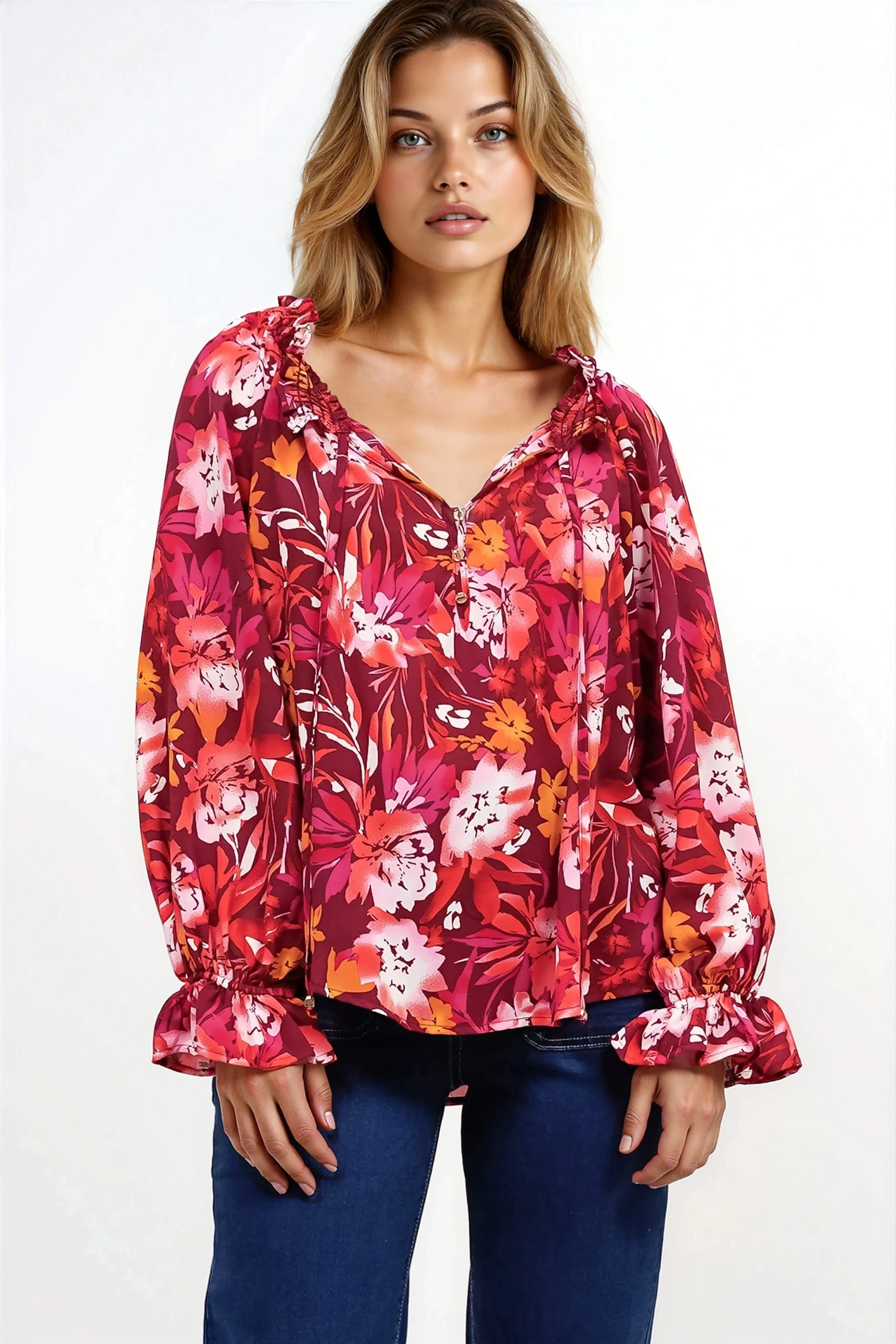 Briar Blouse - Frill Collar Pull Over Top with Long Balloon Sleeves in Monroe Print - Image 9