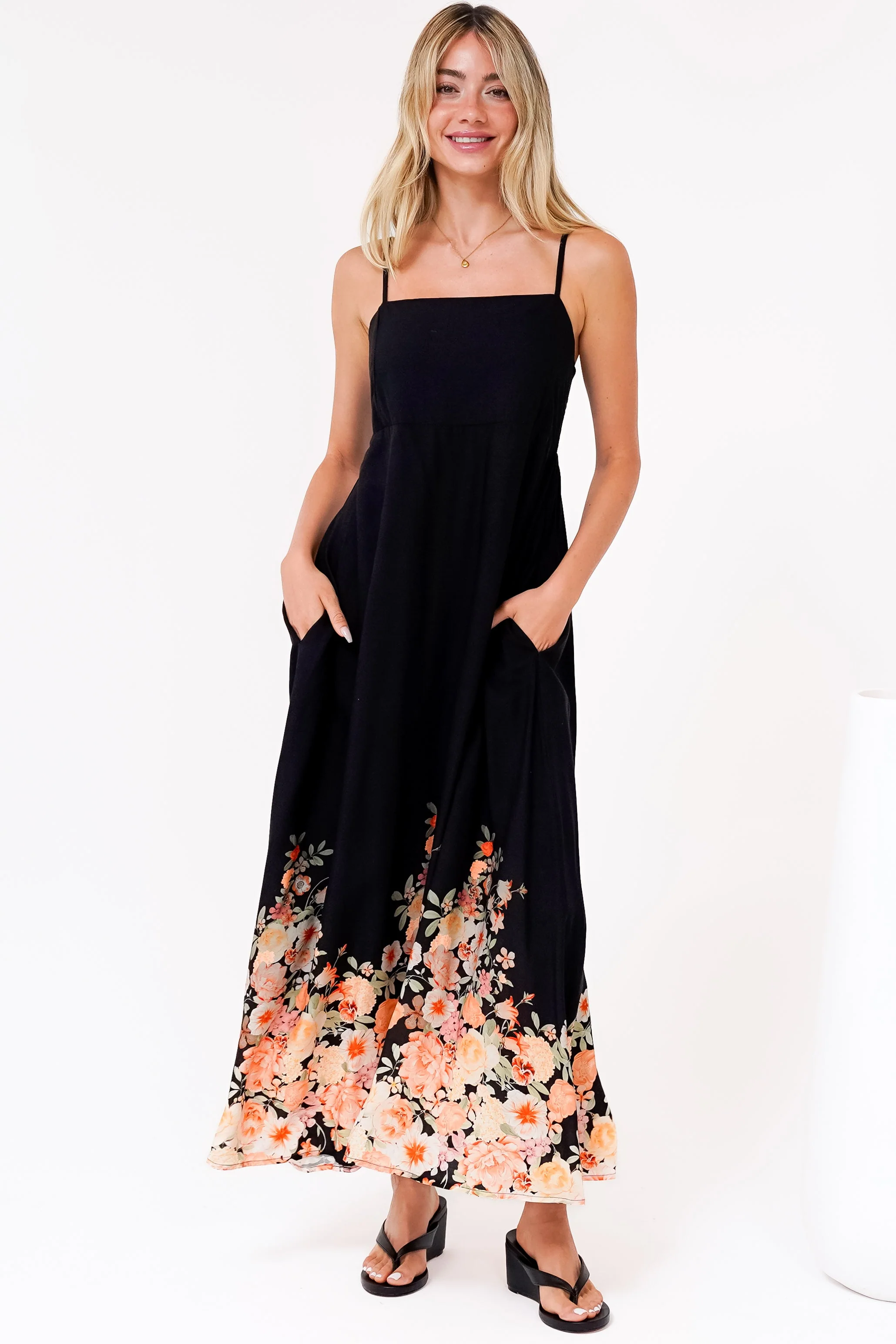 Brigitte Maxi Dress - A-Line Sun Dress with Adjustable Spaghetti Straps in Florence Print Black - Image 2