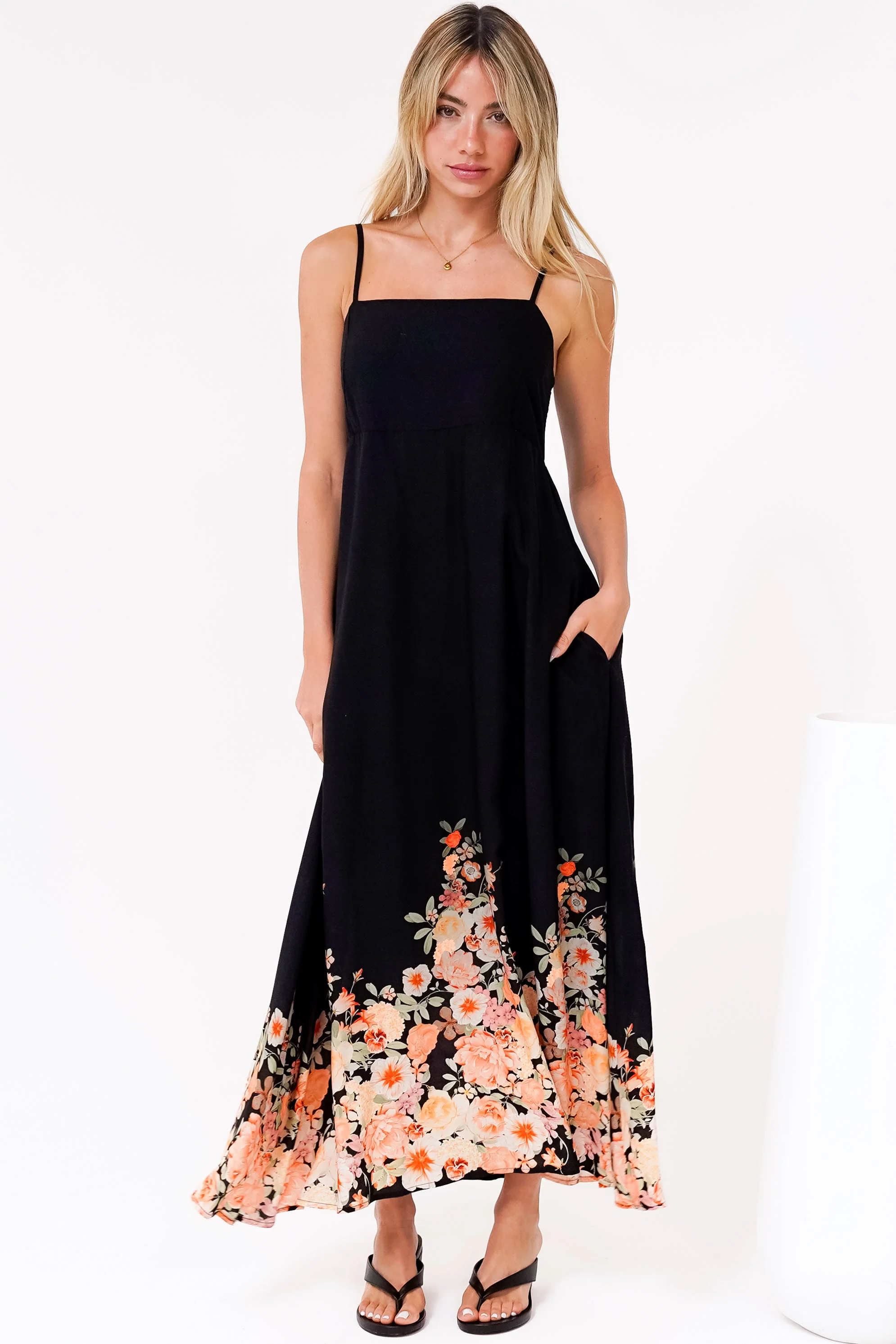 Brigitte Maxi Dress - A-Line Sun Dress with Adjustable Spaghetti Straps in Florence Print Black - Image 3