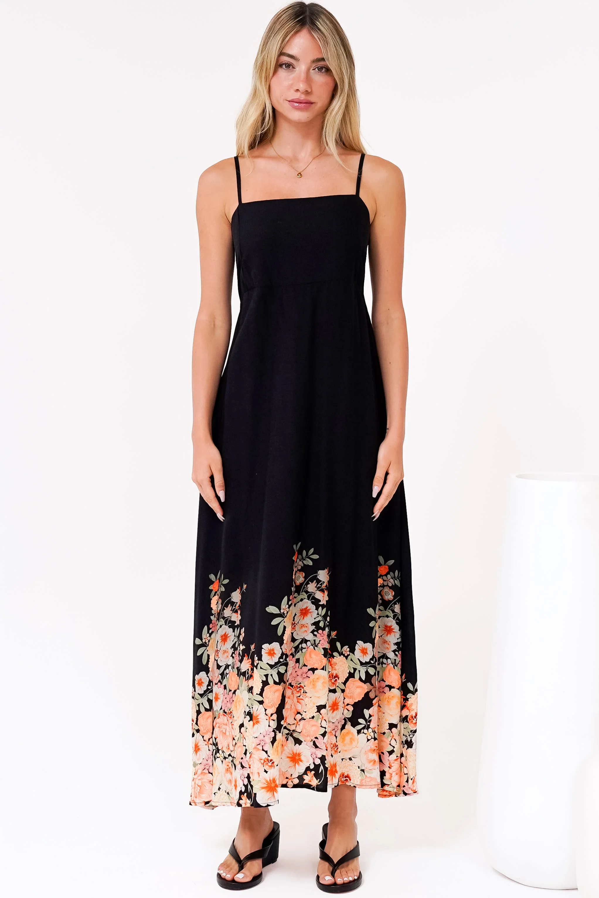 Brigitte Maxi Dress - A-Line Sun Dress with Adjustable Spaghetti Straps in Florence Print Black - Image 4