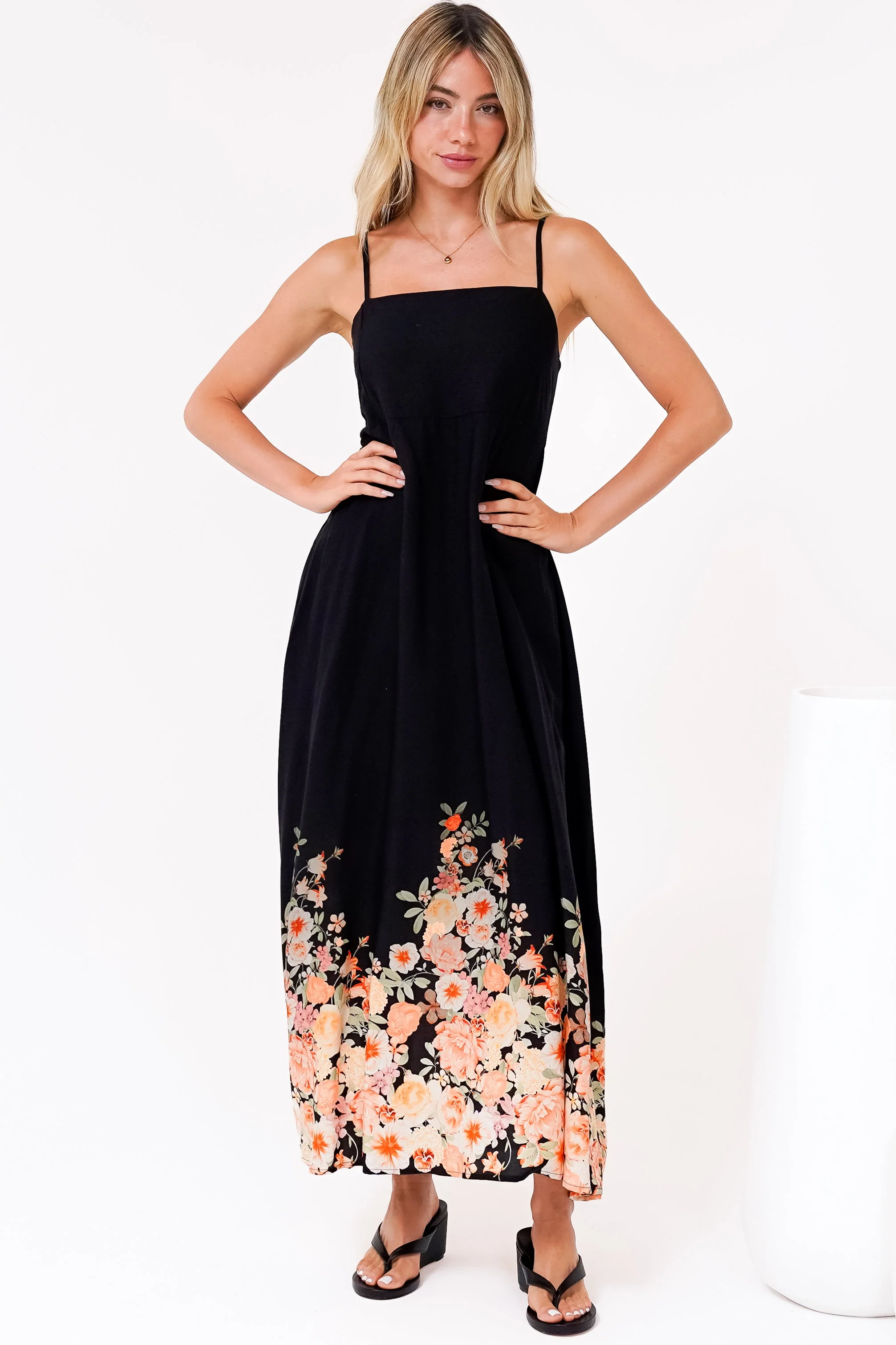 Brigitte Maxi Dress - A-Line Sun Dress with Adjustable Spaghetti Straps in Florence Print Black - Image 5