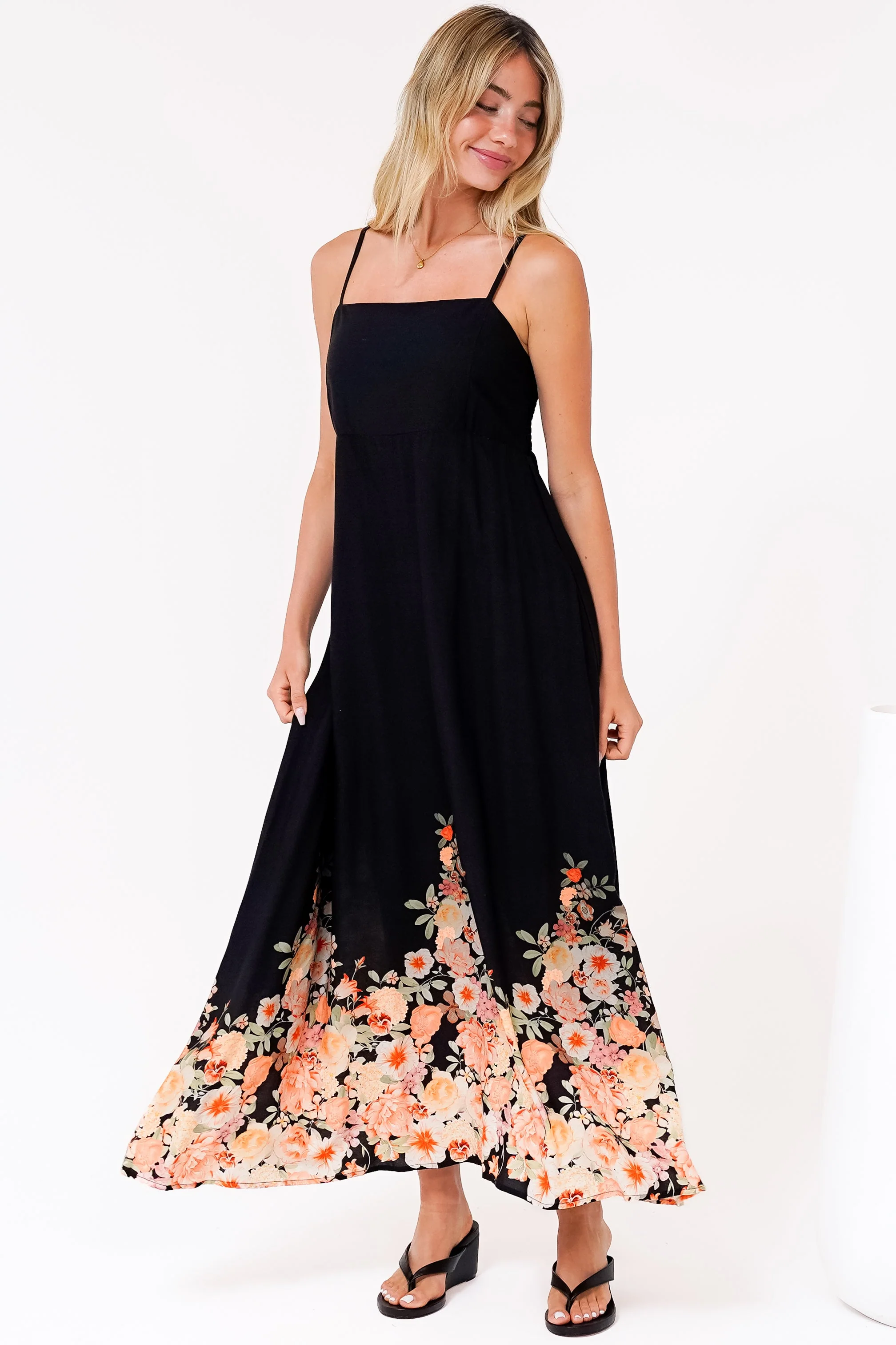 Brigitte Maxi Dress - A-Line Sun Dress with Adjustable Spaghetti Straps in Florence Print Black - Image 6