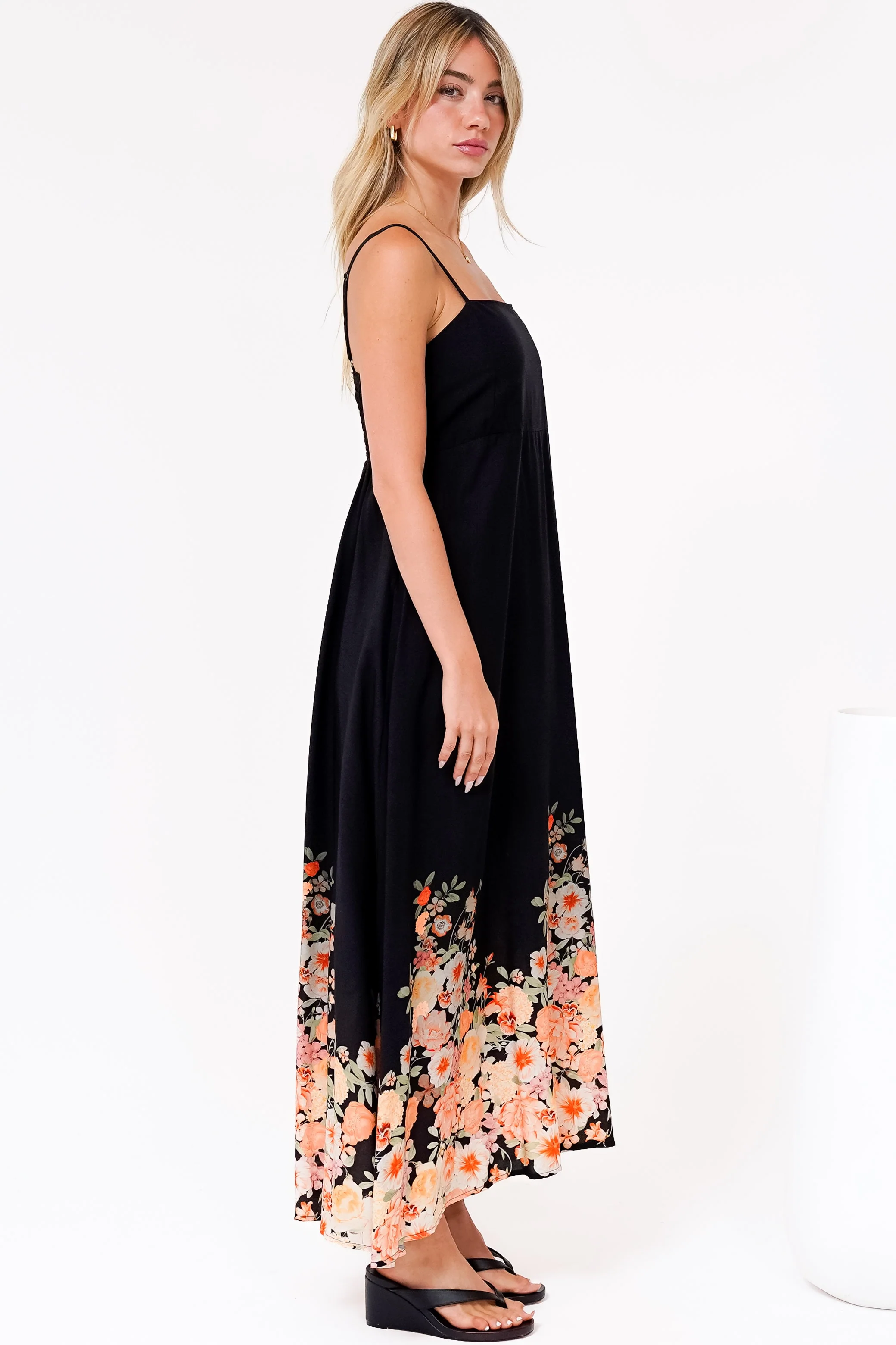 Brigitte Maxi Dress - A-Line Sun Dress with Adjustable Spaghetti Straps in Florence Print Black - Image 7