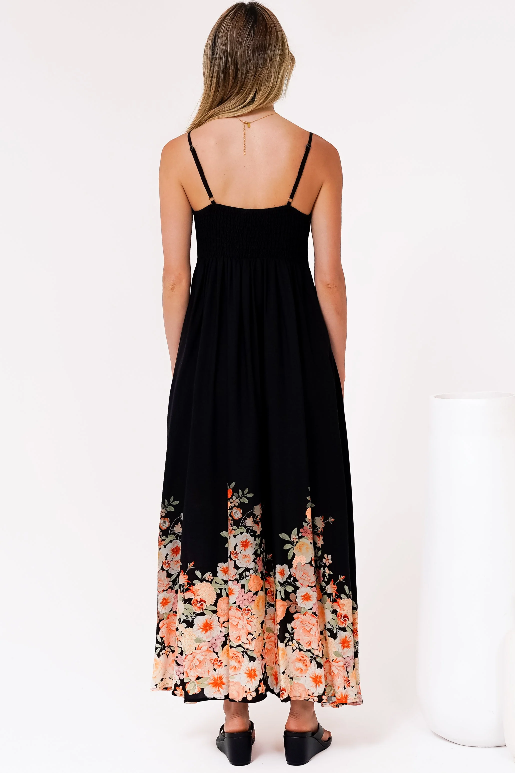Brigitte Maxi Dress - A-Line Sun Dress with Adjustable Spaghetti Straps in Florence Print Black - Image 8