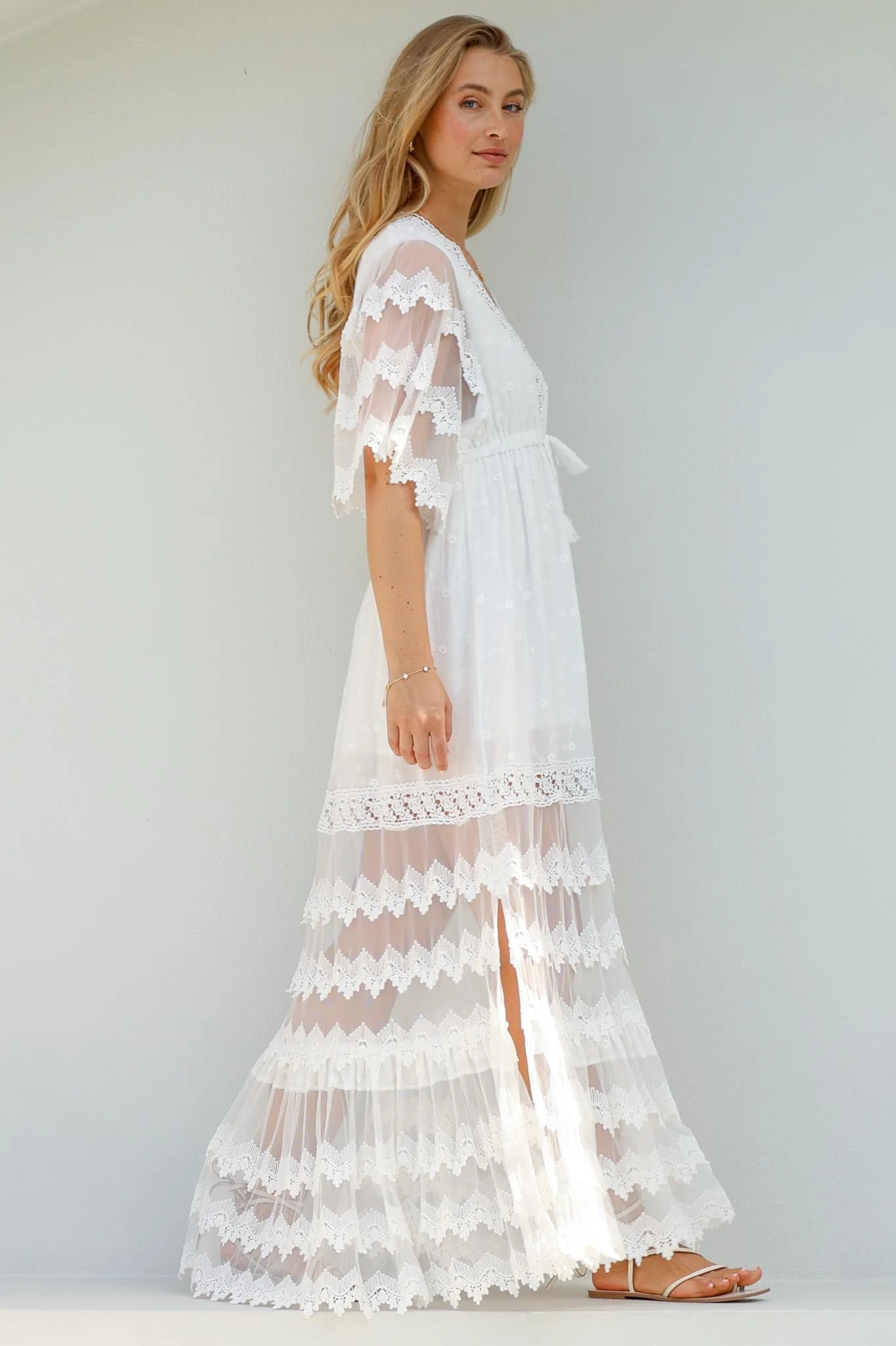 JAASE - Bungalow Maxi Dress: Embroidered Lace Deep V Neck Dress with Open Batwing Sleeves in White - Image 13