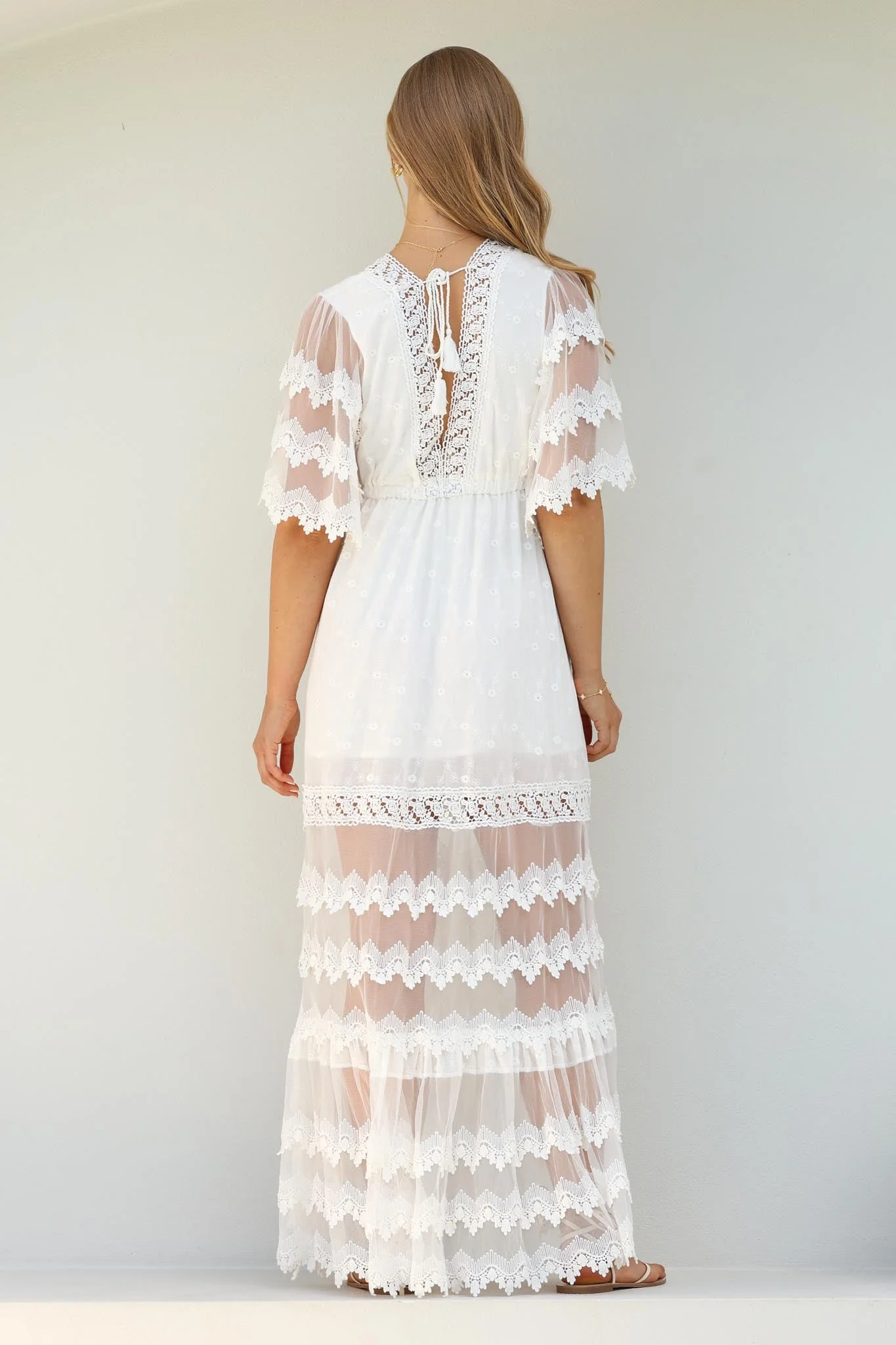JAASE - Bungalow Maxi Dress: Embroidered Lace Deep V Neck Dress with Open Batwing Sleeves in White - Image 14