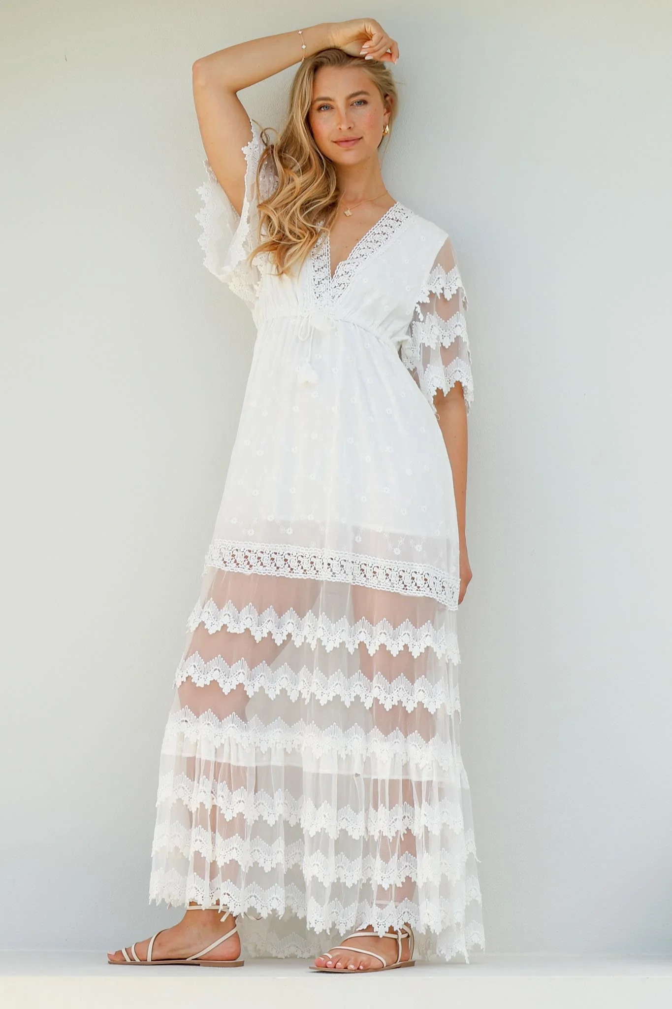 JAASE - Bungalow Maxi Dress: Embroidered Lace Deep V Neck Dress with Open Batwing Sleeves in White - Image 3