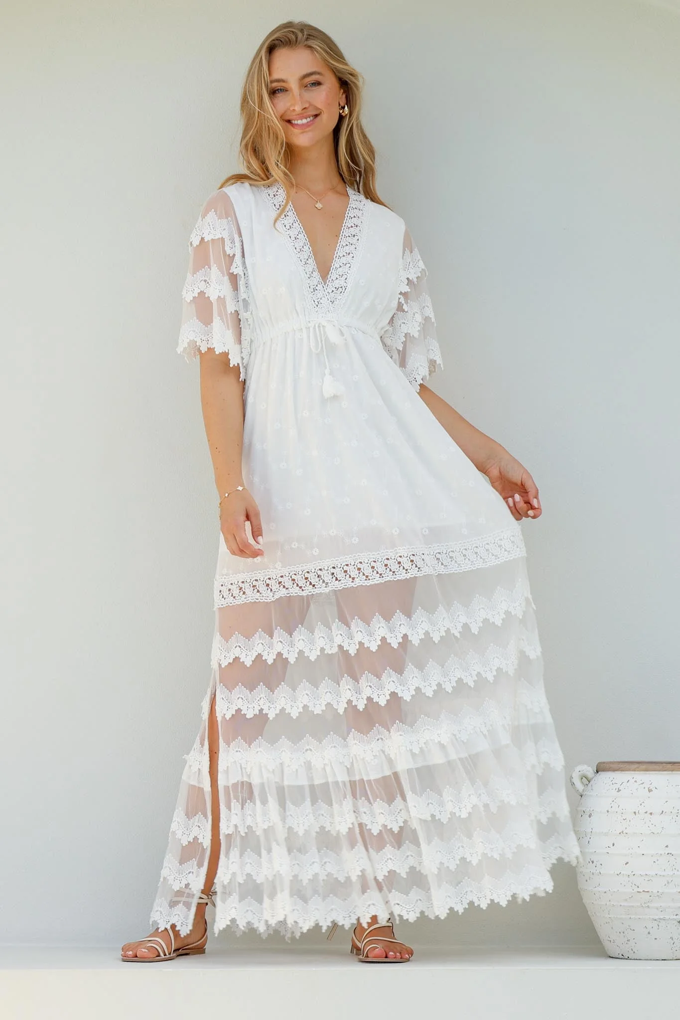 JAASE - Bungalow Maxi Dress: Embroidered Lace Deep V Neck Dress with Open Batwing Sleeves in White - Image 4