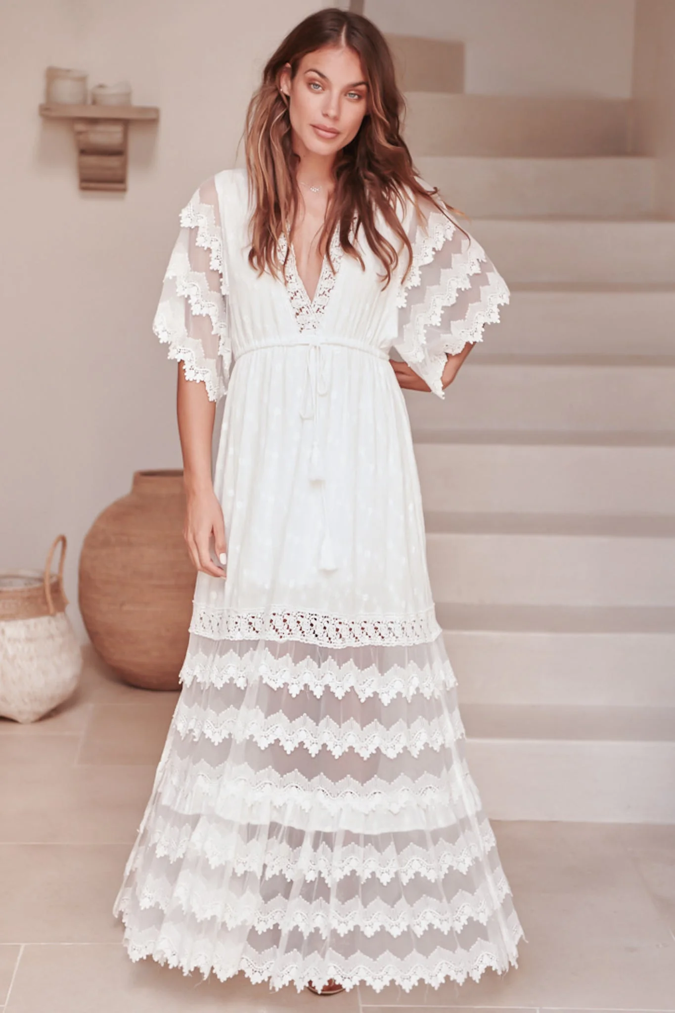 JAASE - Bungalow Maxi Dress: Embroidered Lace Deep V Neck Dress with Open Batwing Sleeves in White - Image 5