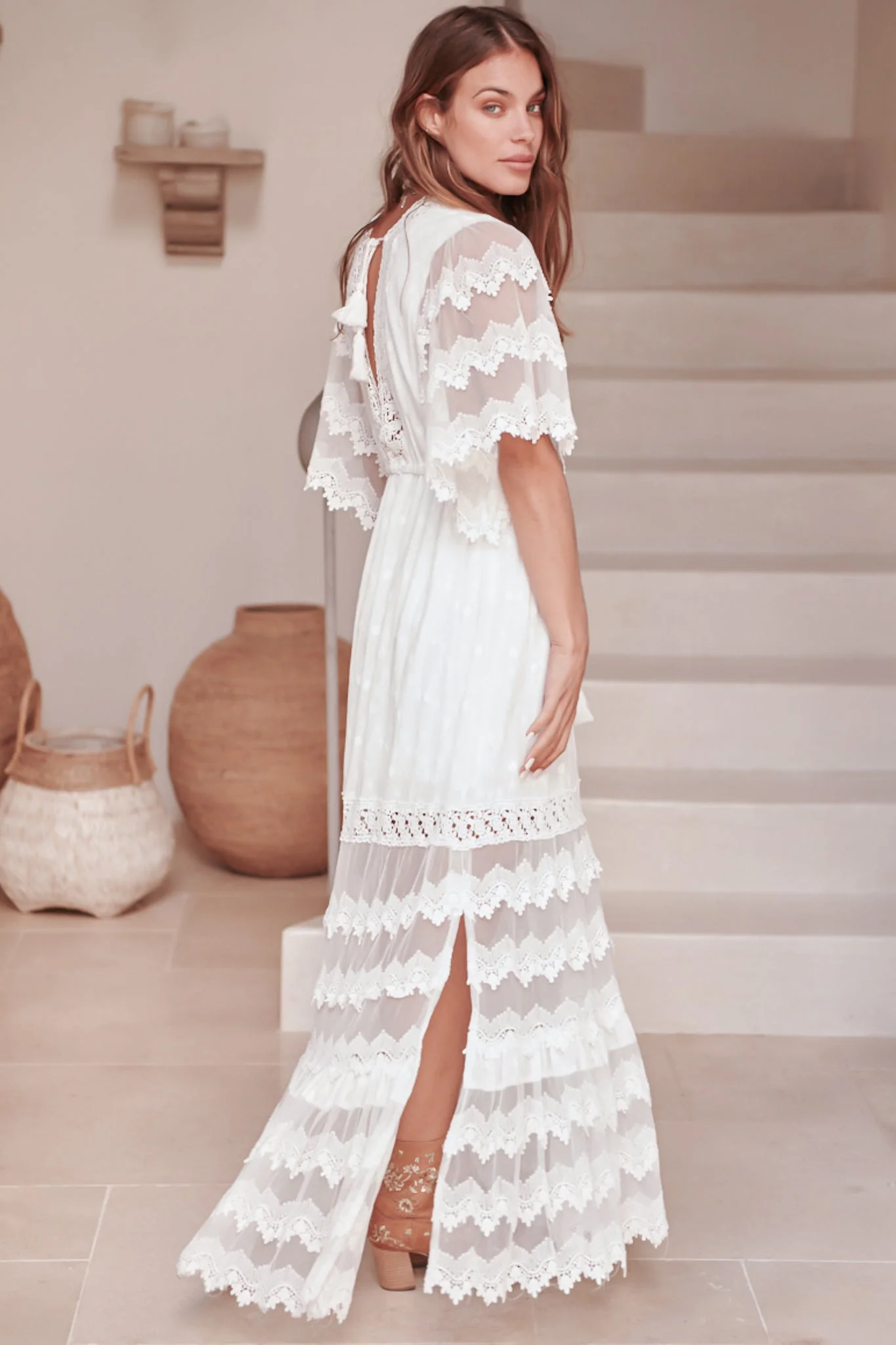 JAASE - Bungalow Maxi Dress: Embroidered Lace Deep V Neck Dress with Open Batwing Sleeves in White - Image 8