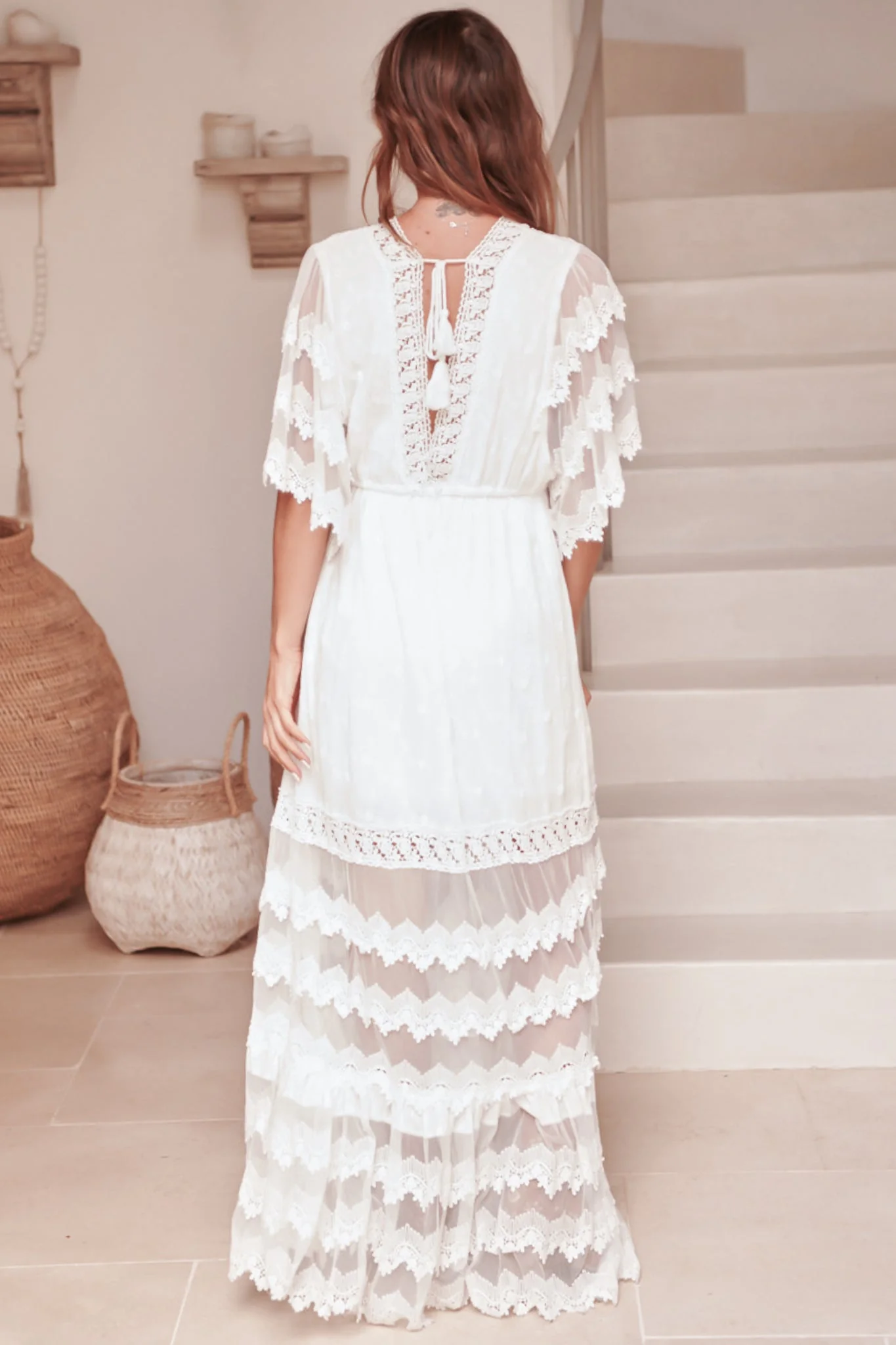 JAASE - Bungalow Maxi Dress: Embroidered Lace Deep V Neck Dress with Open Batwing Sleeves in White - Image 9