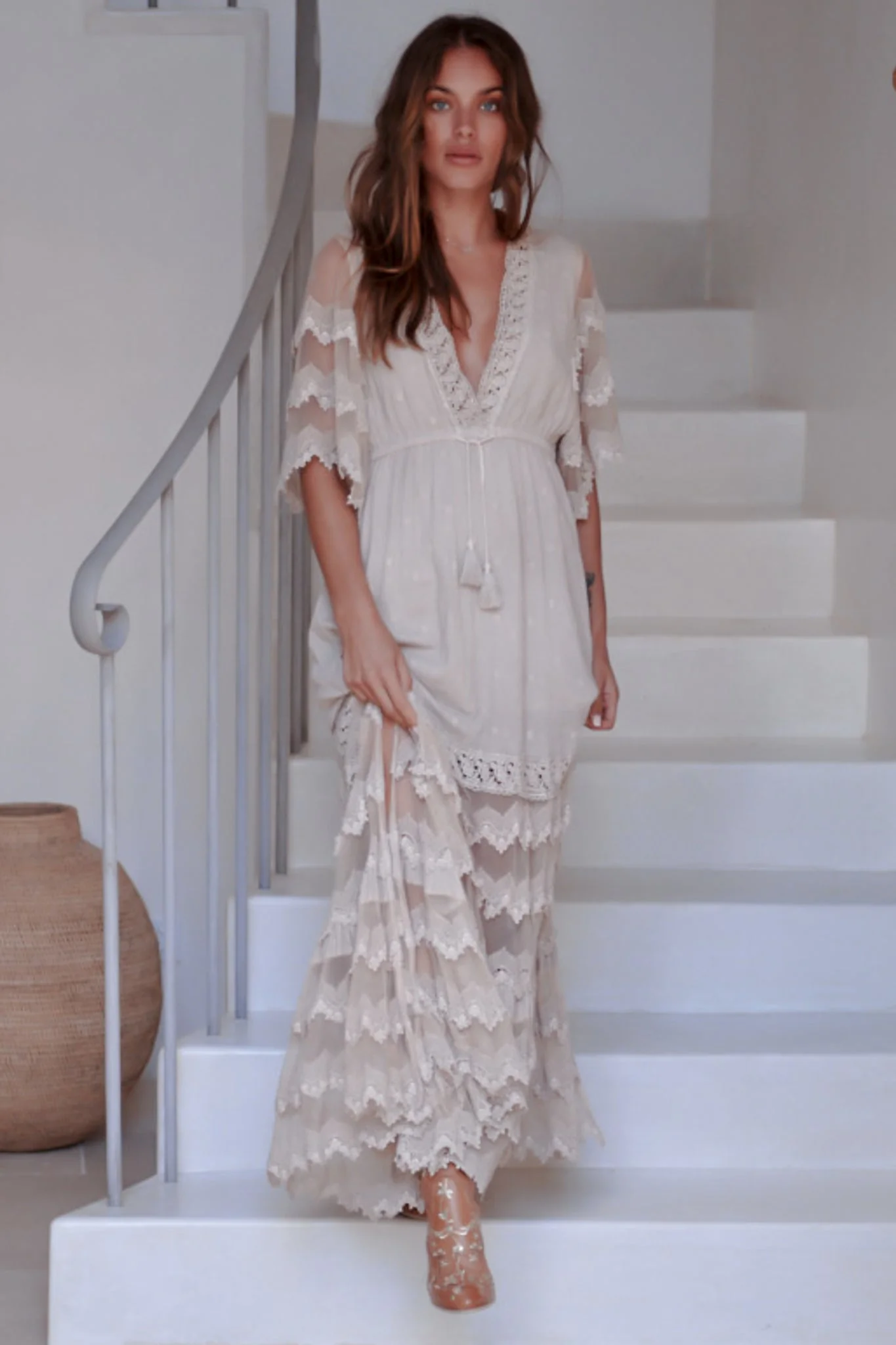 JAASE - Bungalow Maxi Dress: Embroidered Lace Deep V Neck Dress with Open Batwing Sleeves in Sand - Image 11