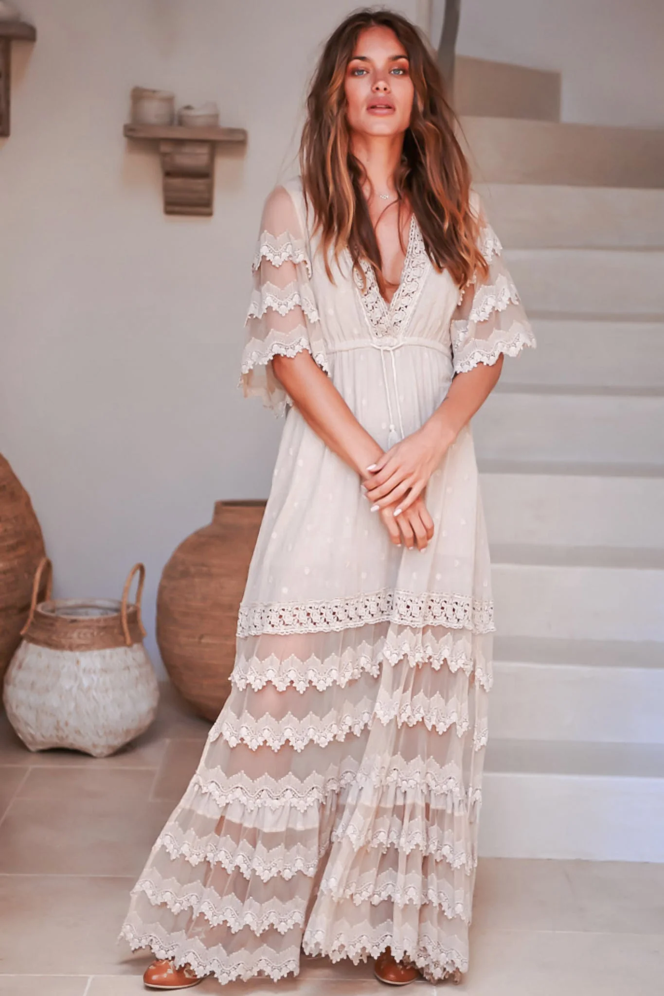 JAASE - Bungalow Maxi Dress: Embroidered Lace Deep V Neck Dress with Open Batwing Sleeves in Sand - Image 12