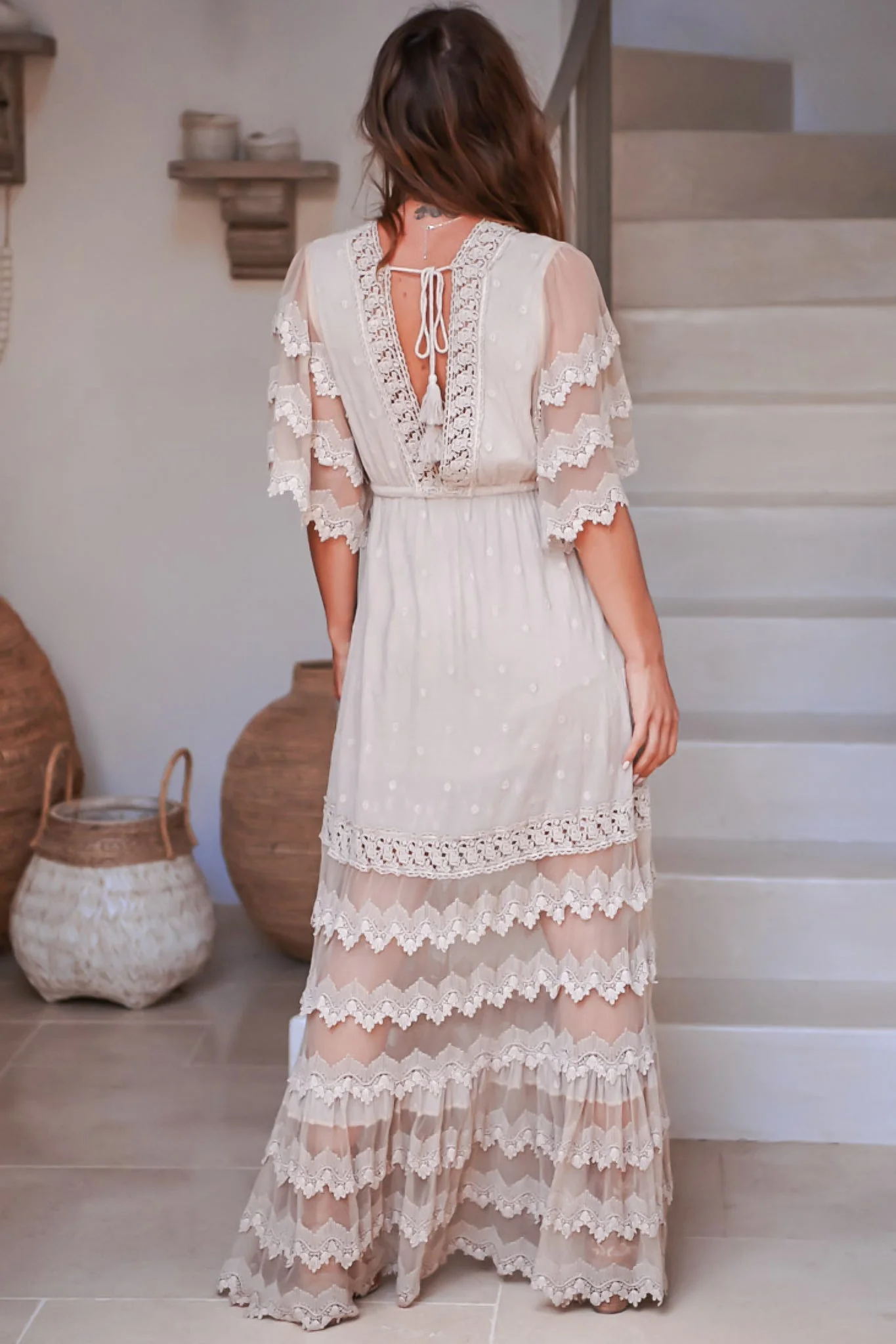 JAASE - Bungalow Maxi Dress: Embroidered Lace Deep V Neck Dress with Open Batwing Sleeves in Sand - Image 13