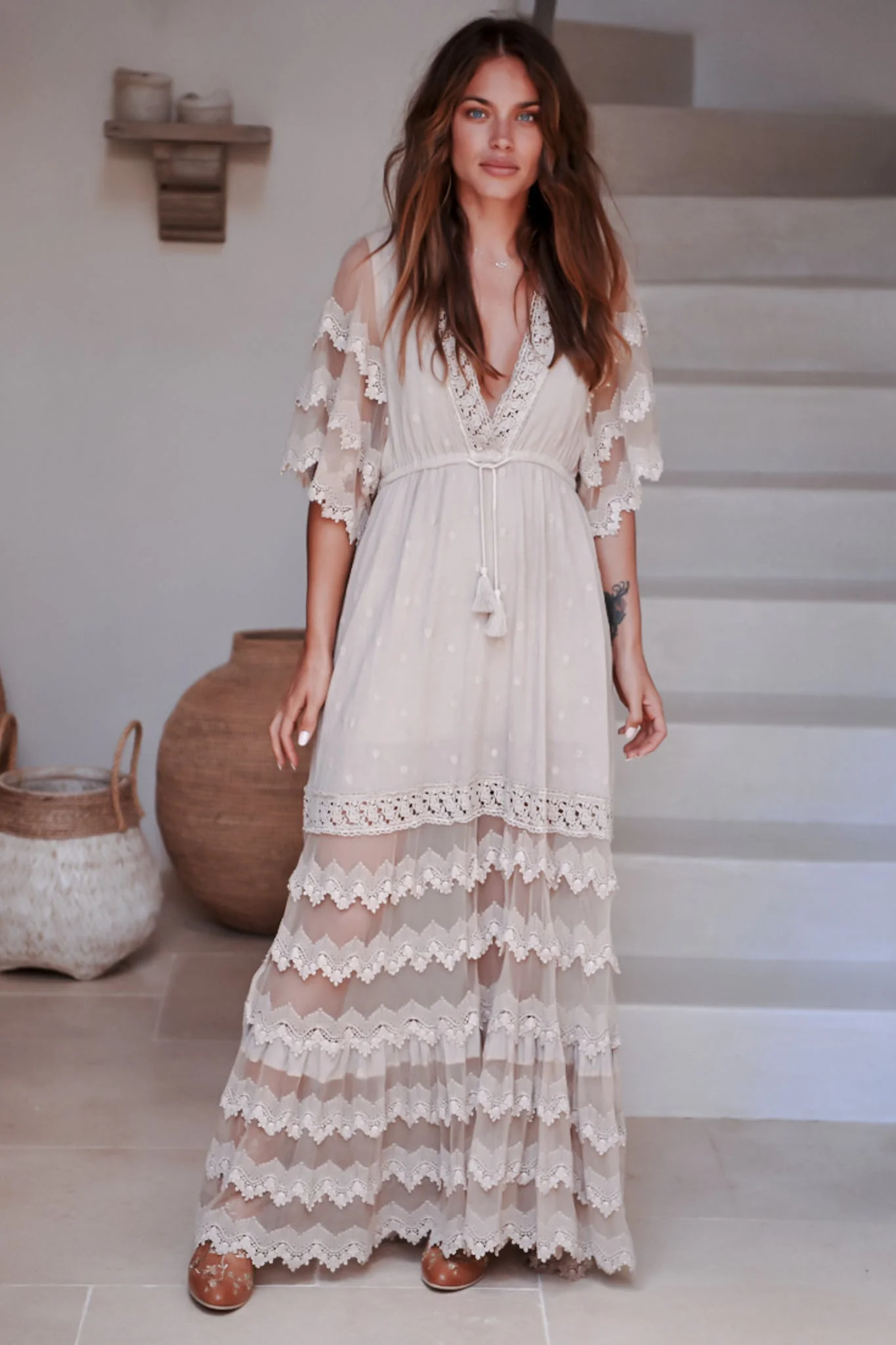 JAASE - Bungalow Maxi Dress: Embroidered Lace Deep V Neck Dress with Open Batwing Sleeves in Sand - Image 4