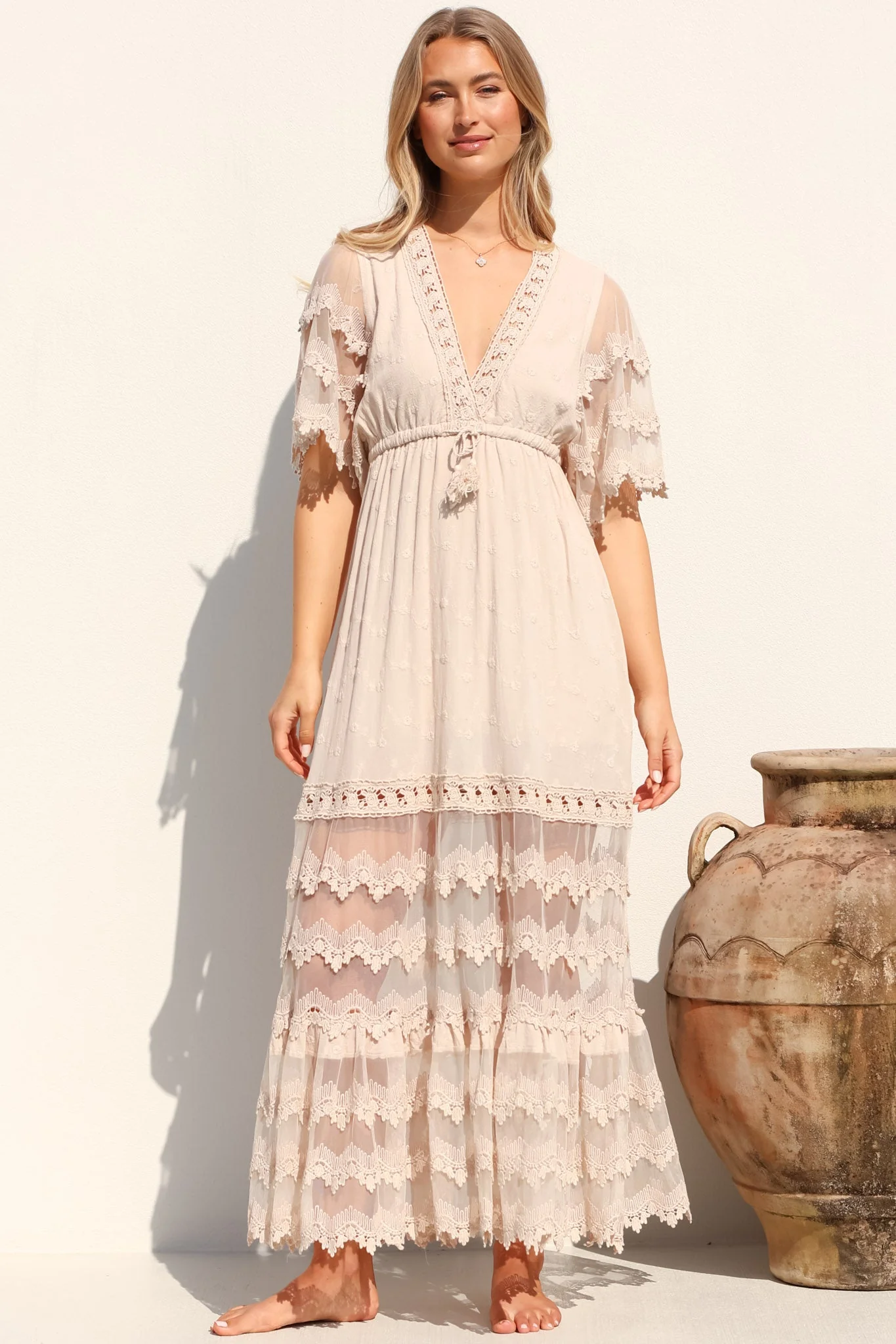 JAASE - Bungalow Maxi Dress: Embroidered Lace Deep V Neck Dress with Open Batwing Sleeves in Sand - Image 5