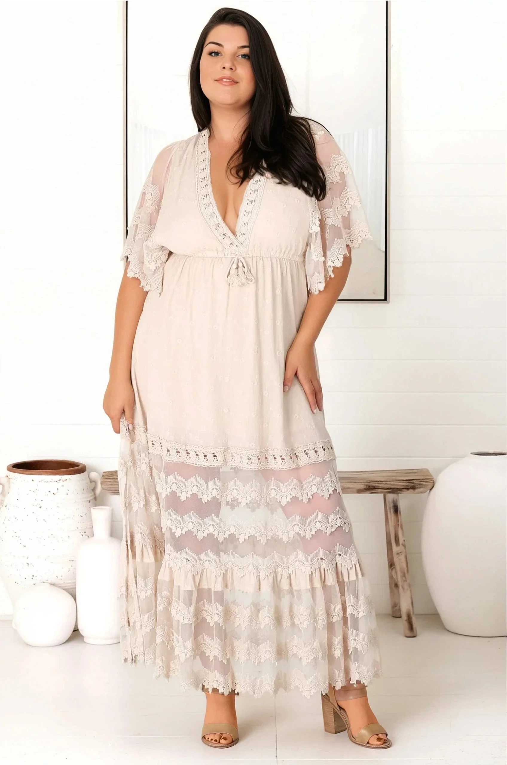 JAASE - Bungalow Maxi Dress: Embroidered Lace Deep V Neck Dress with Open Batwing Sleeves in Sand - Image 8