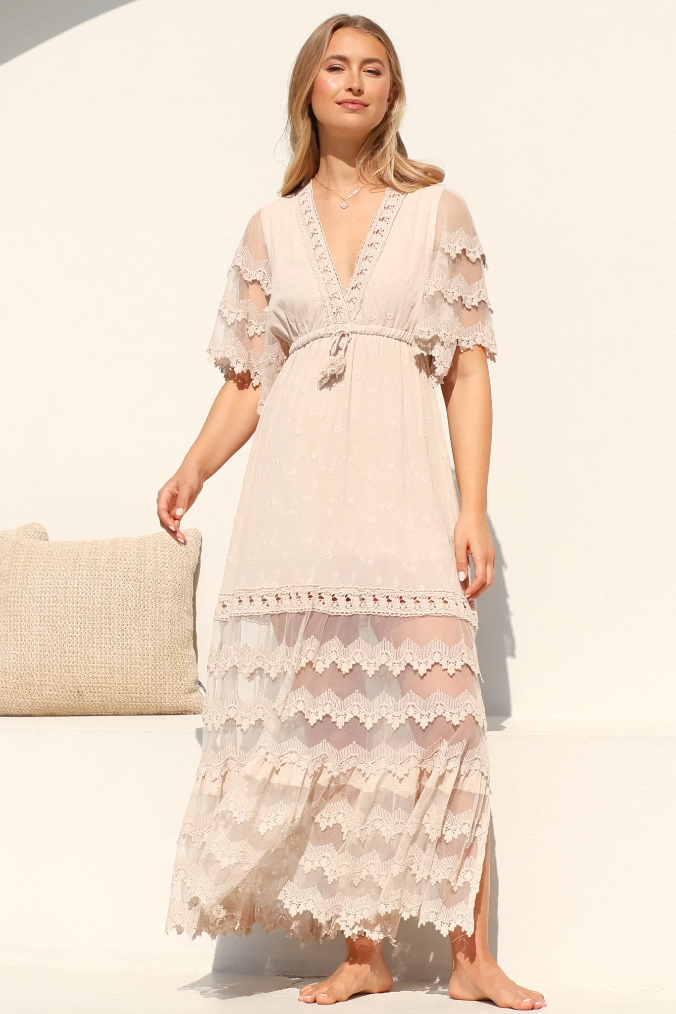 JAASE - Bungalow Maxi Dress: Embroidered Lace Deep V Neck Dress with Open Batwing Sleeves in Sand - Image 9