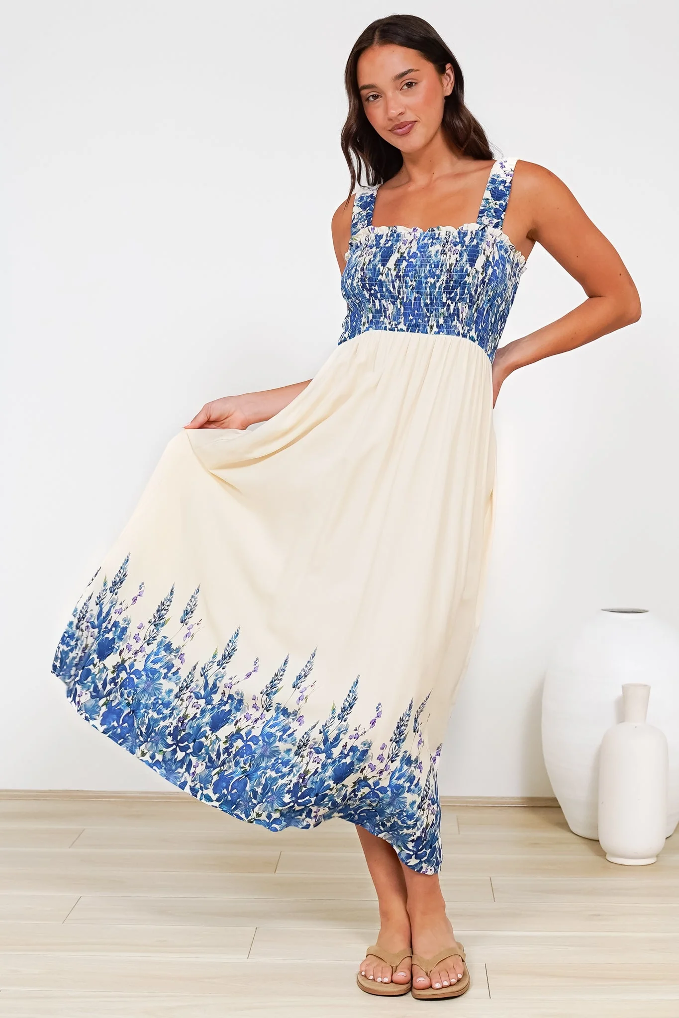 Cabana Maxi Dress - Smocked Bodice Sun Dress with Pockets in Marella Print Blue - Image 2