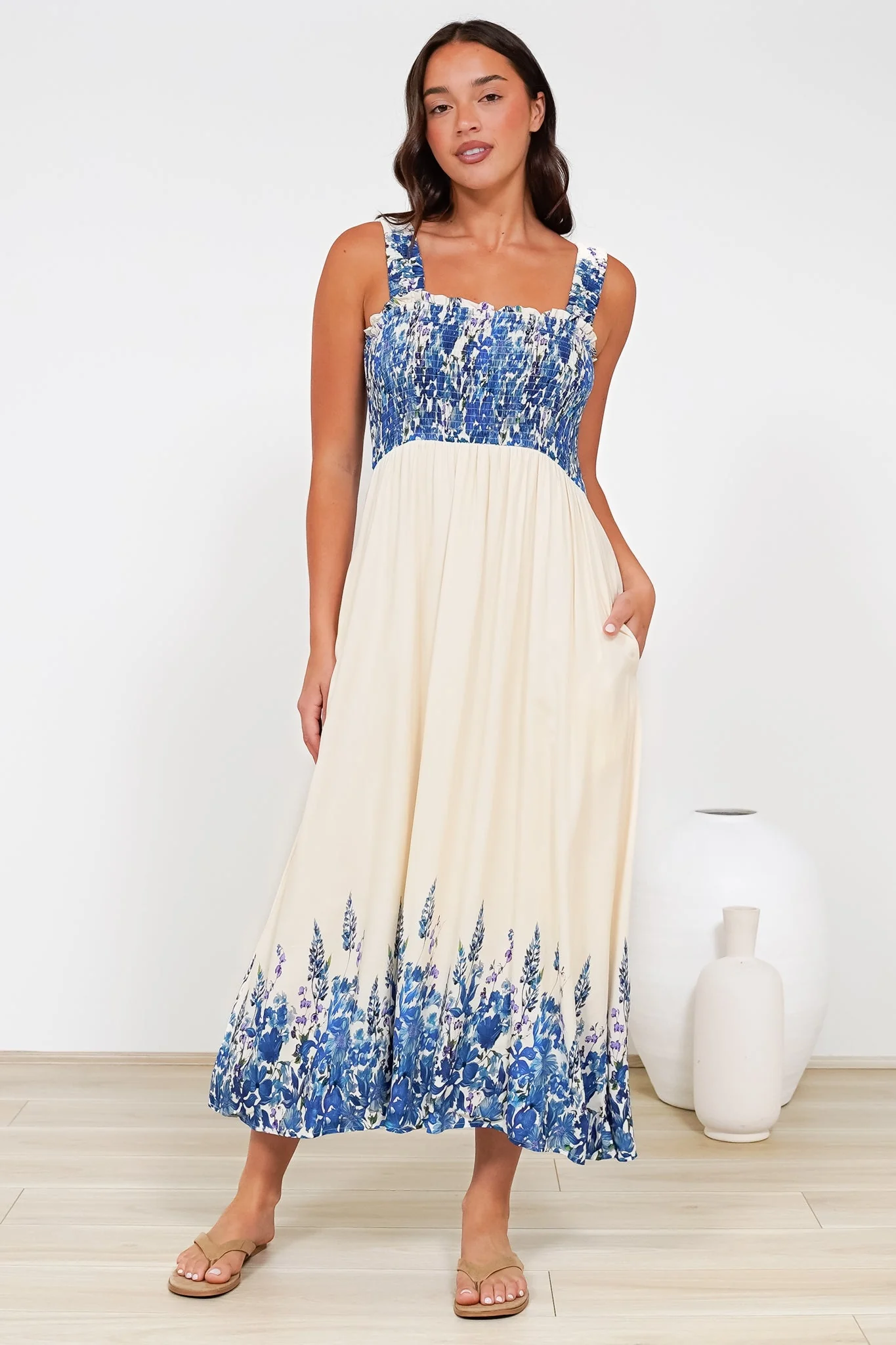 Cabana Maxi Dress - Smocked Bodice Sun Dress with Pockets in Marella Print Blue - Image 3