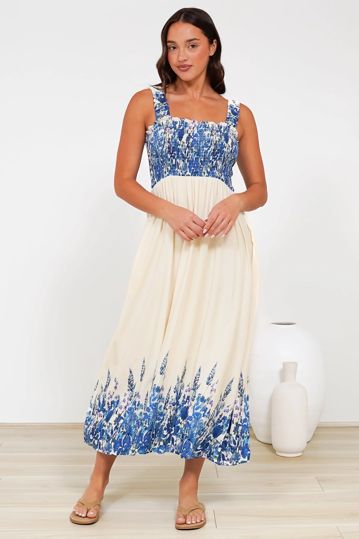 Cabana Maxi Dress - Smocked Bodice Sun Dress with Pockets in Marella Print Blue - Image 4