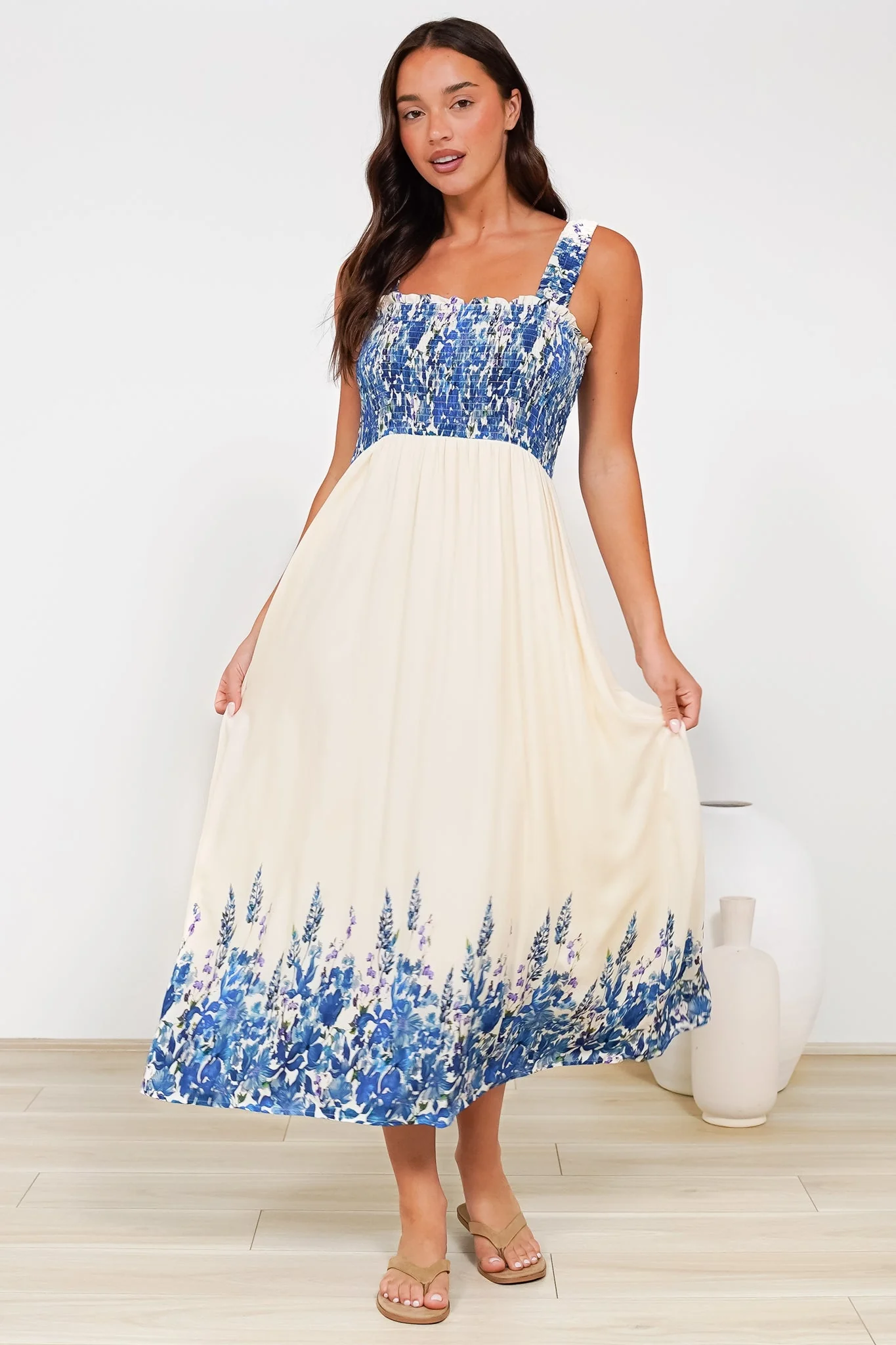 Cabana Maxi Dress - Smocked Bodice Sun Dress with Pockets in Marella Print Blue - Image 5