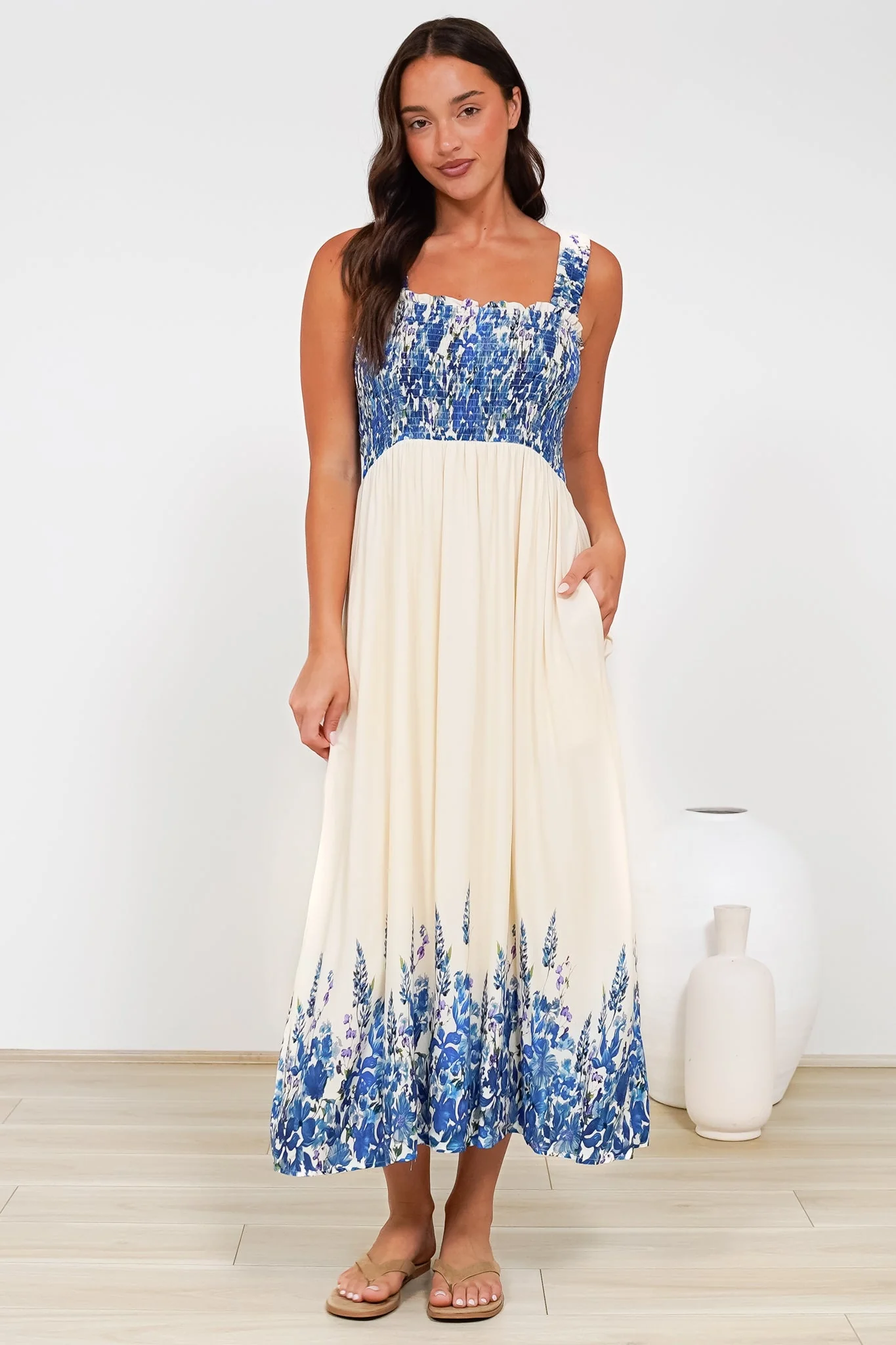 Cabana Maxi Dress - Smocked Bodice Sun Dress with Pockets in Marella Print Blue - Image 6