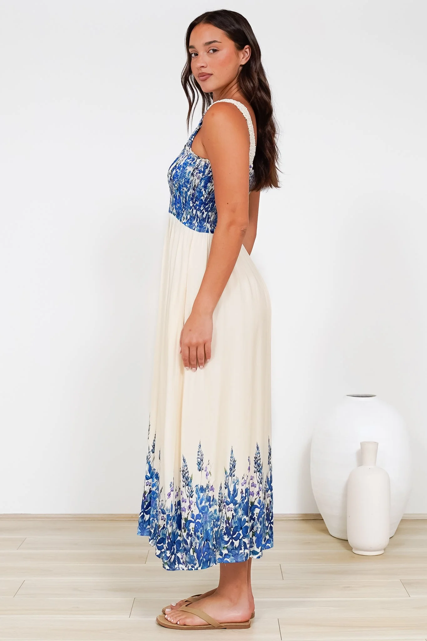 Cabana Maxi Dress - Smocked Bodice Sun Dress with Pockets in Marella Print Blue - Image 7