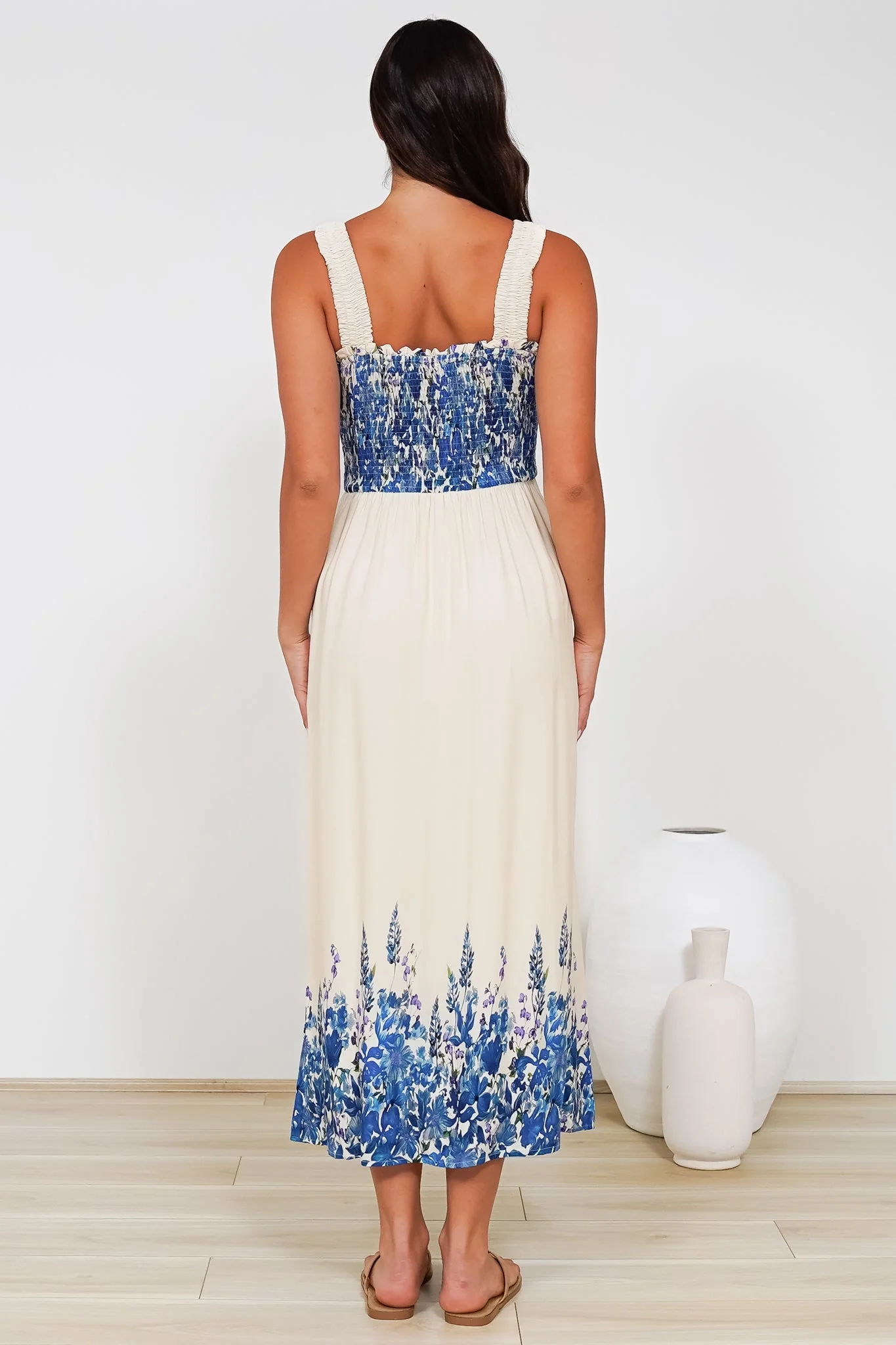 Cabana Maxi Dress - Smocked Bodice Sun Dress with Pockets in Marella Print Blue - Image 8