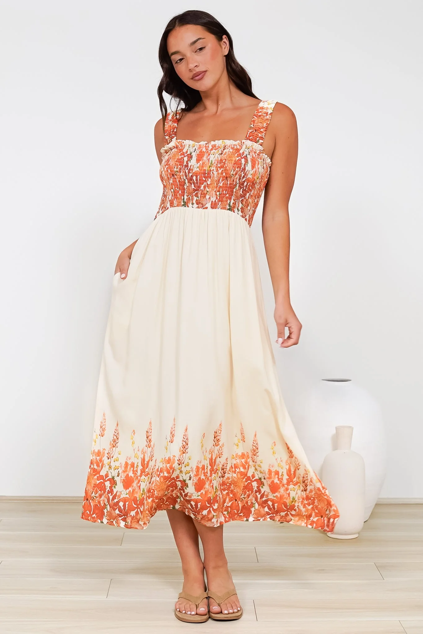 Cabana Maxi Dress - Smocked Bodice Sun Dress with Pockets in Marella Print Tangerine