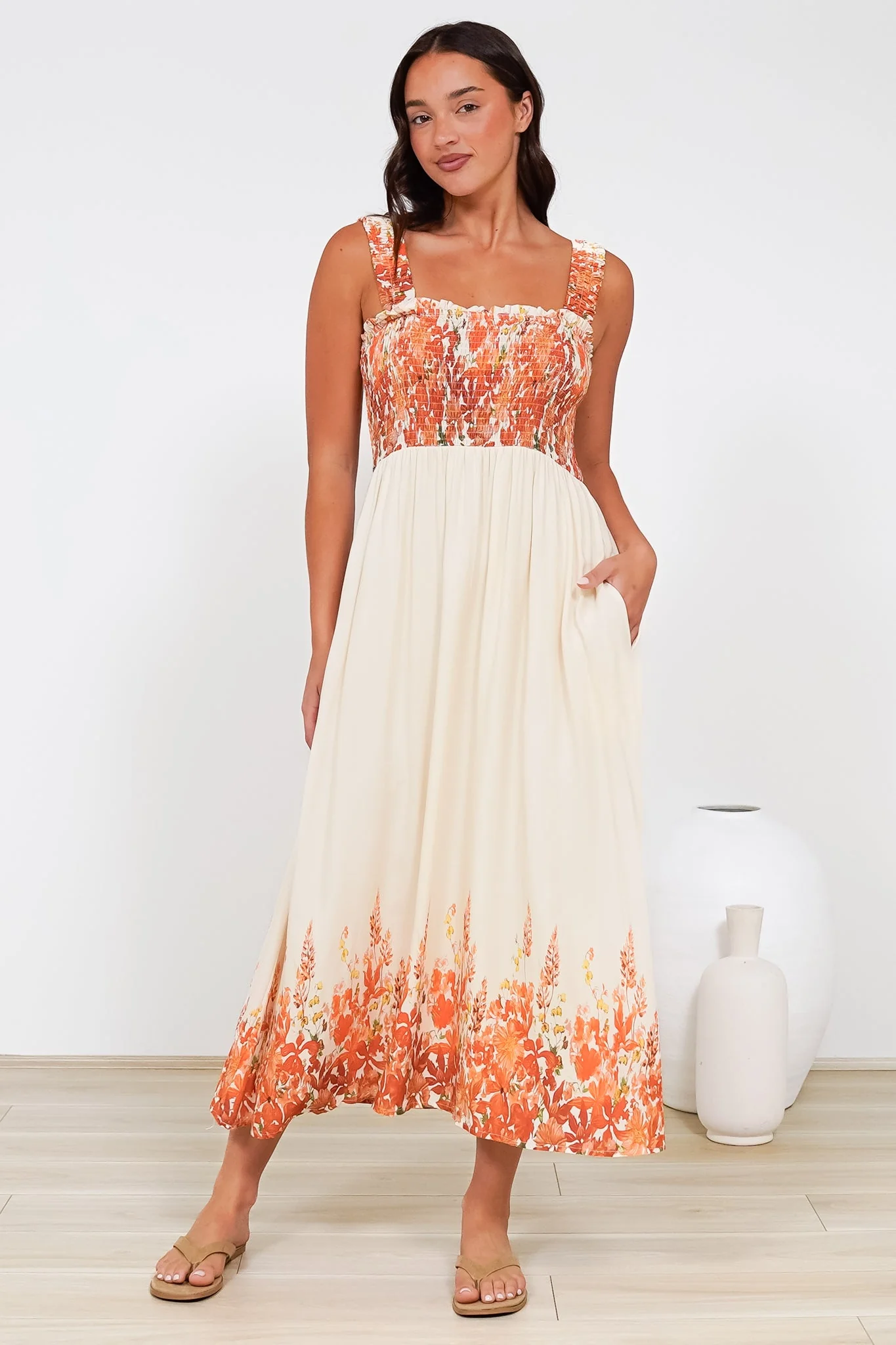 Cabana Maxi Dress - Smocked Bodice Sun Dress with Pockets in Marella Print Tangerine - Image 2