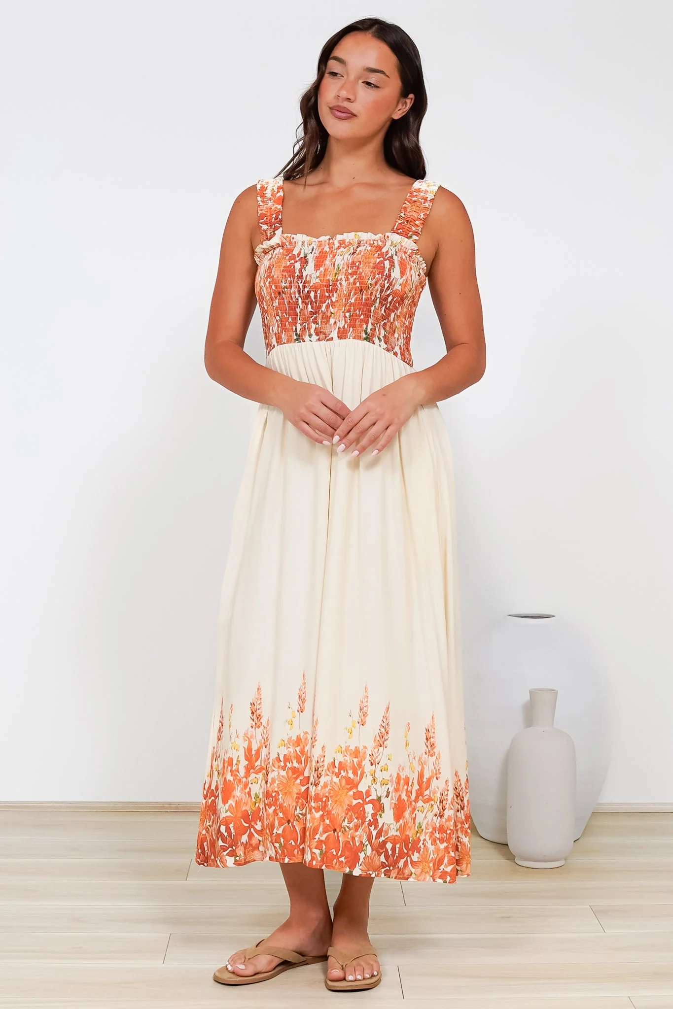Cabana Maxi Dress - Smocked Bodice Sun Dress with Pockets in Marella Print Tangerine - Image 3