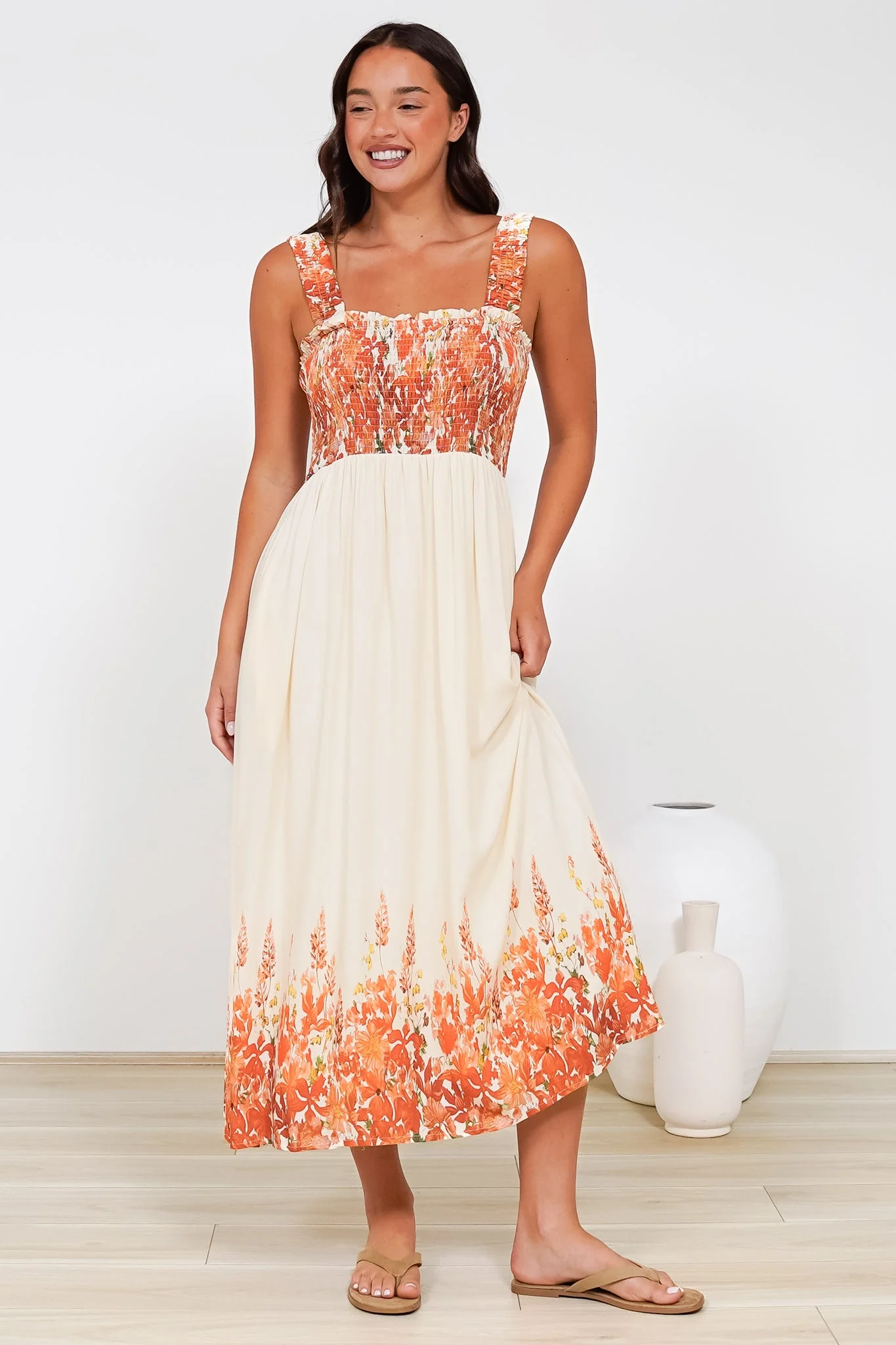 Cabana Maxi Dress - Smocked Bodice Sun Dress with Pockets in Marella Print Tangerine - Image 4