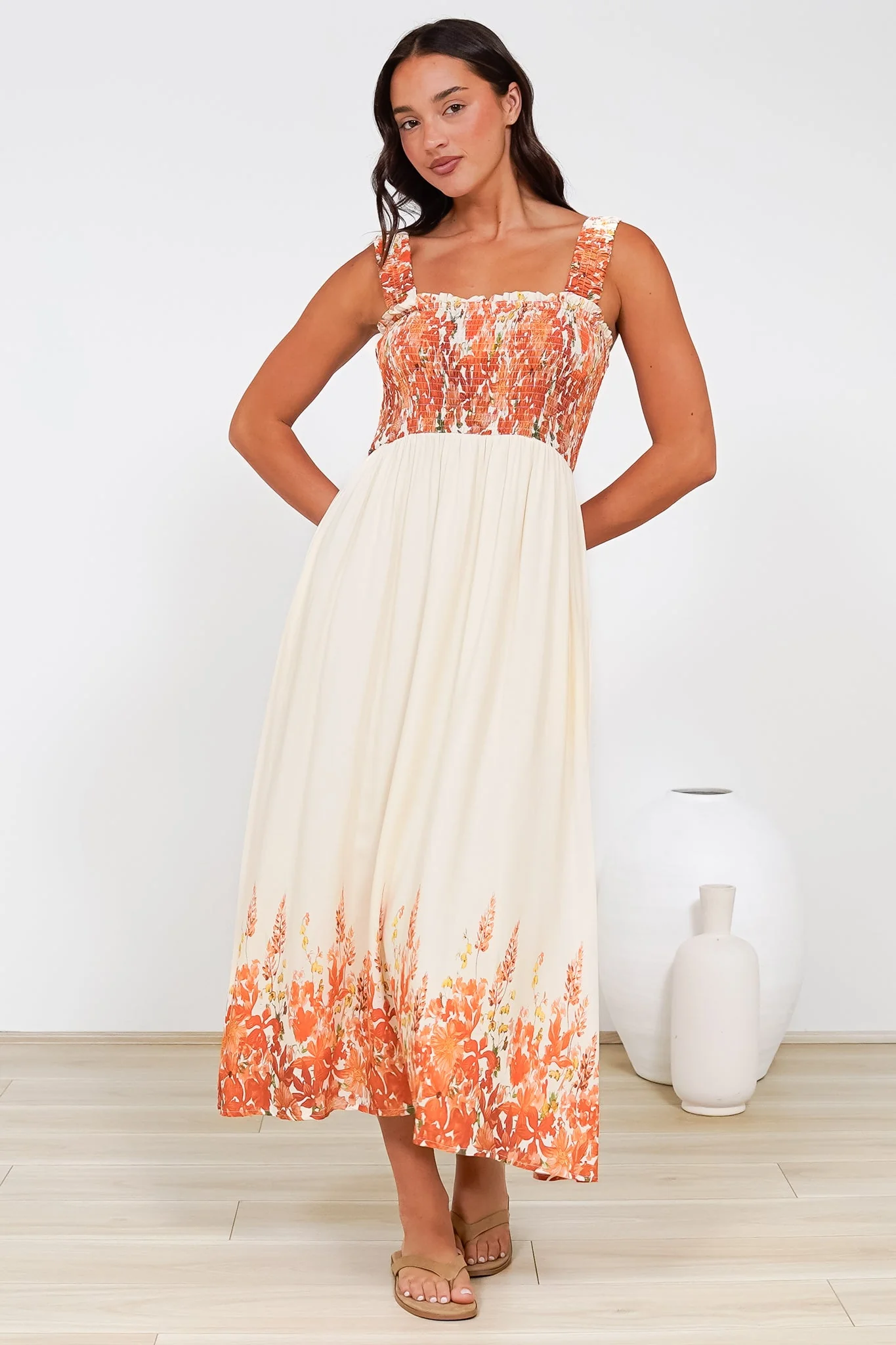 Cabana Maxi Dress - Smocked Bodice Sun Dress with Pockets in Marella Print Tangerine - Image 5