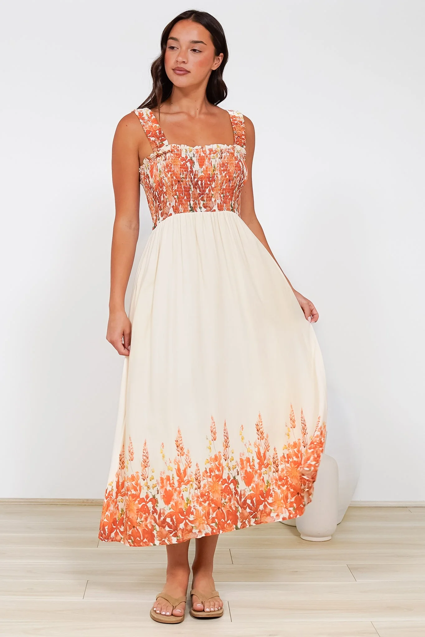 Cabana Maxi Dress - Smocked Bodice Sun Dress with Pockets in Marella Print Tangerine - Image 6