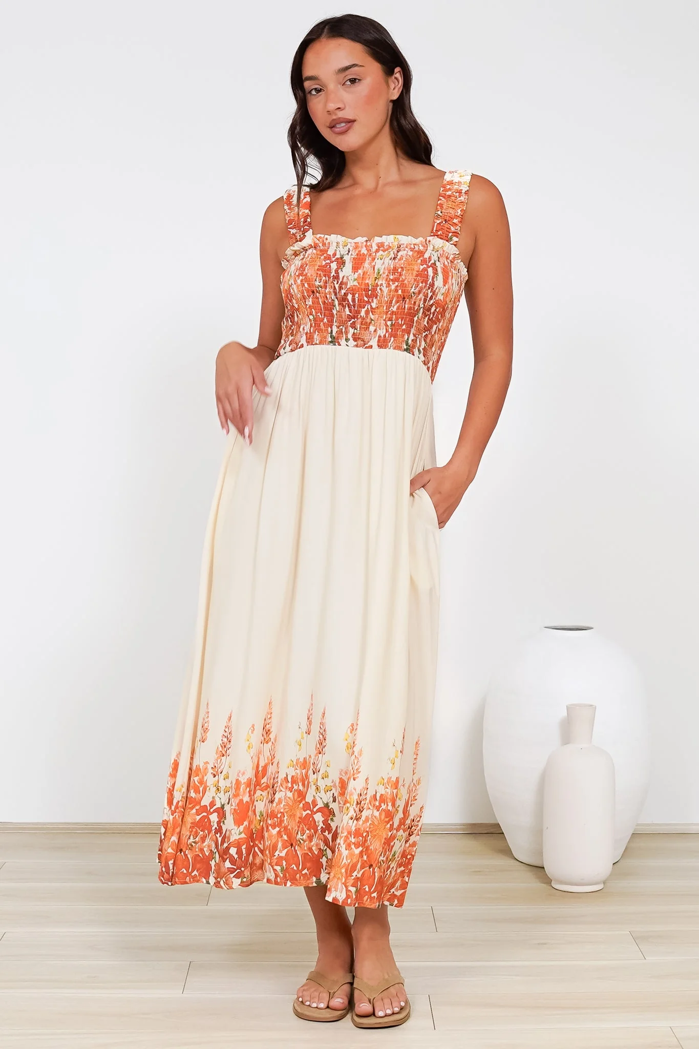 Cabana Maxi Dress - Smocked Bodice Sun Dress with Pockets in Marella Print Tangerine - Image 7