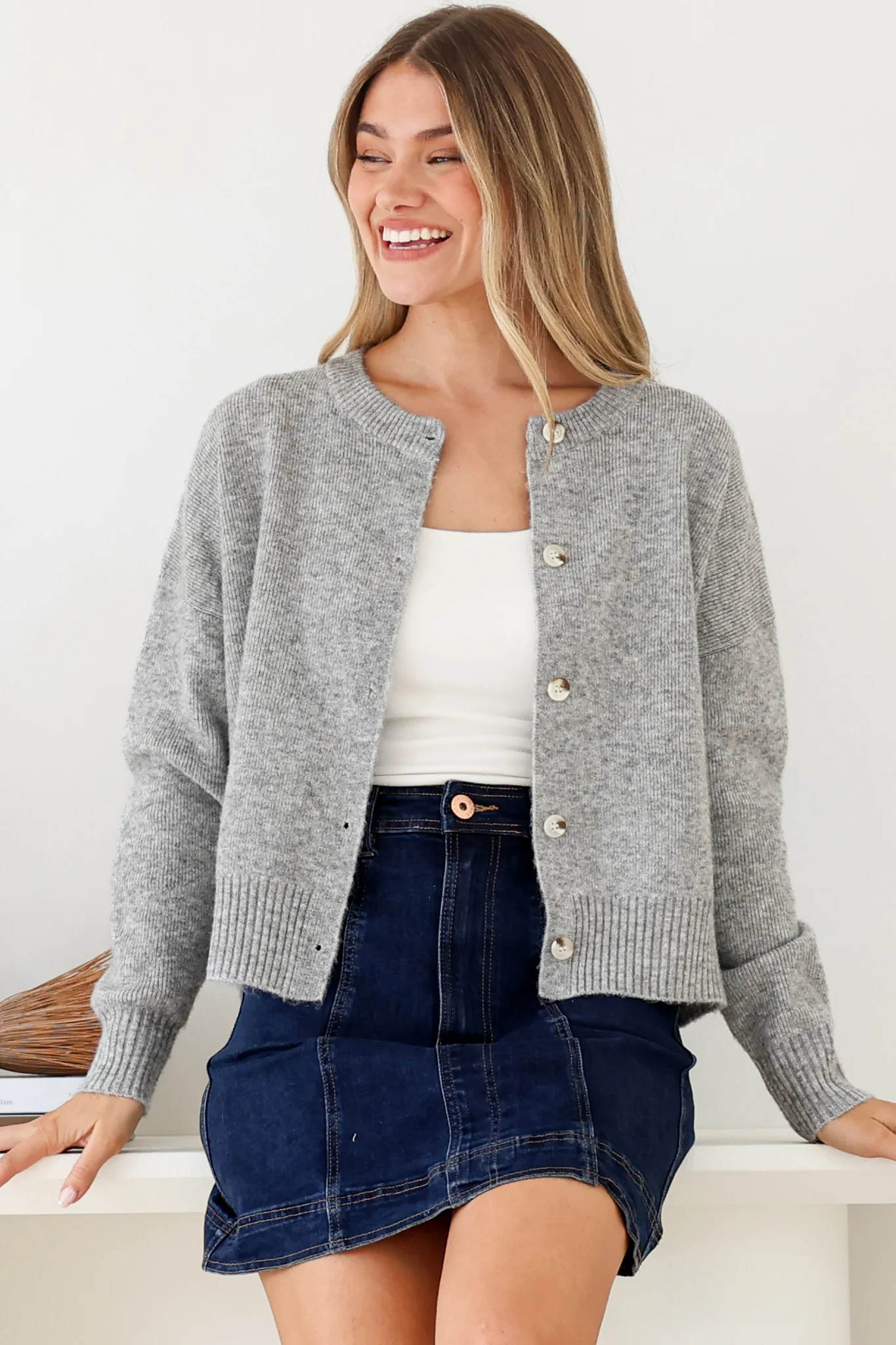 Caelan Cardigan - Crew Neck Tortoise Shell Button Crop Knit in Grey - Image 3