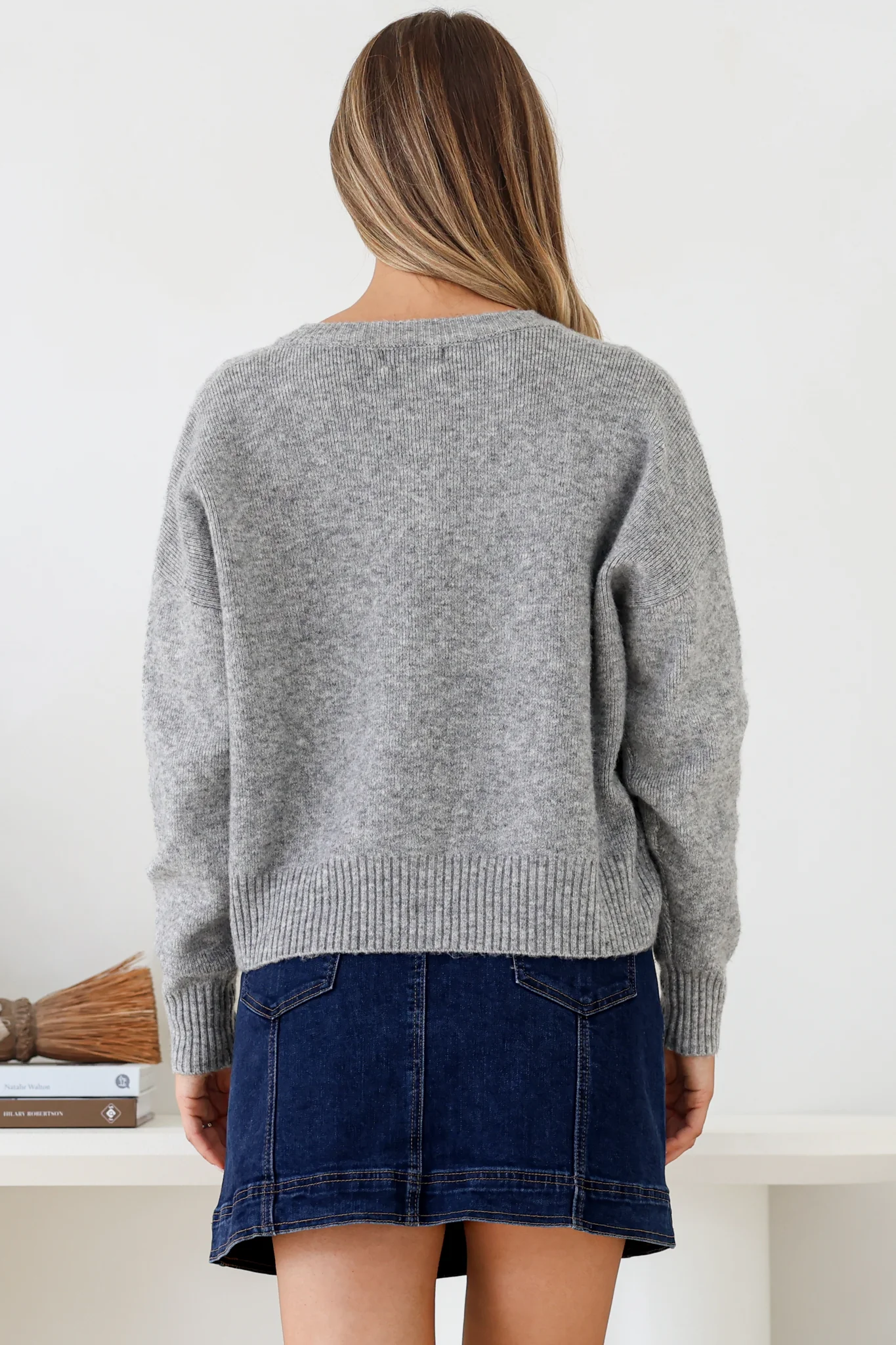 Caelan Cardigan - Crew Neck Tortoise Shell Button Crop Knit in Grey - Image 6