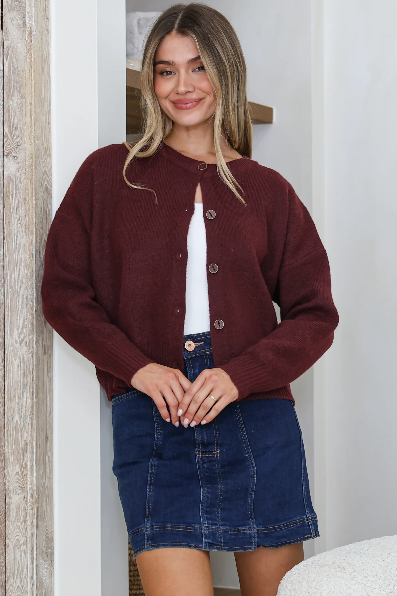 Caelan Cardigan - Crew Neck Gold Trim Matching Buttoned Crop Knit in Wine - Image 2