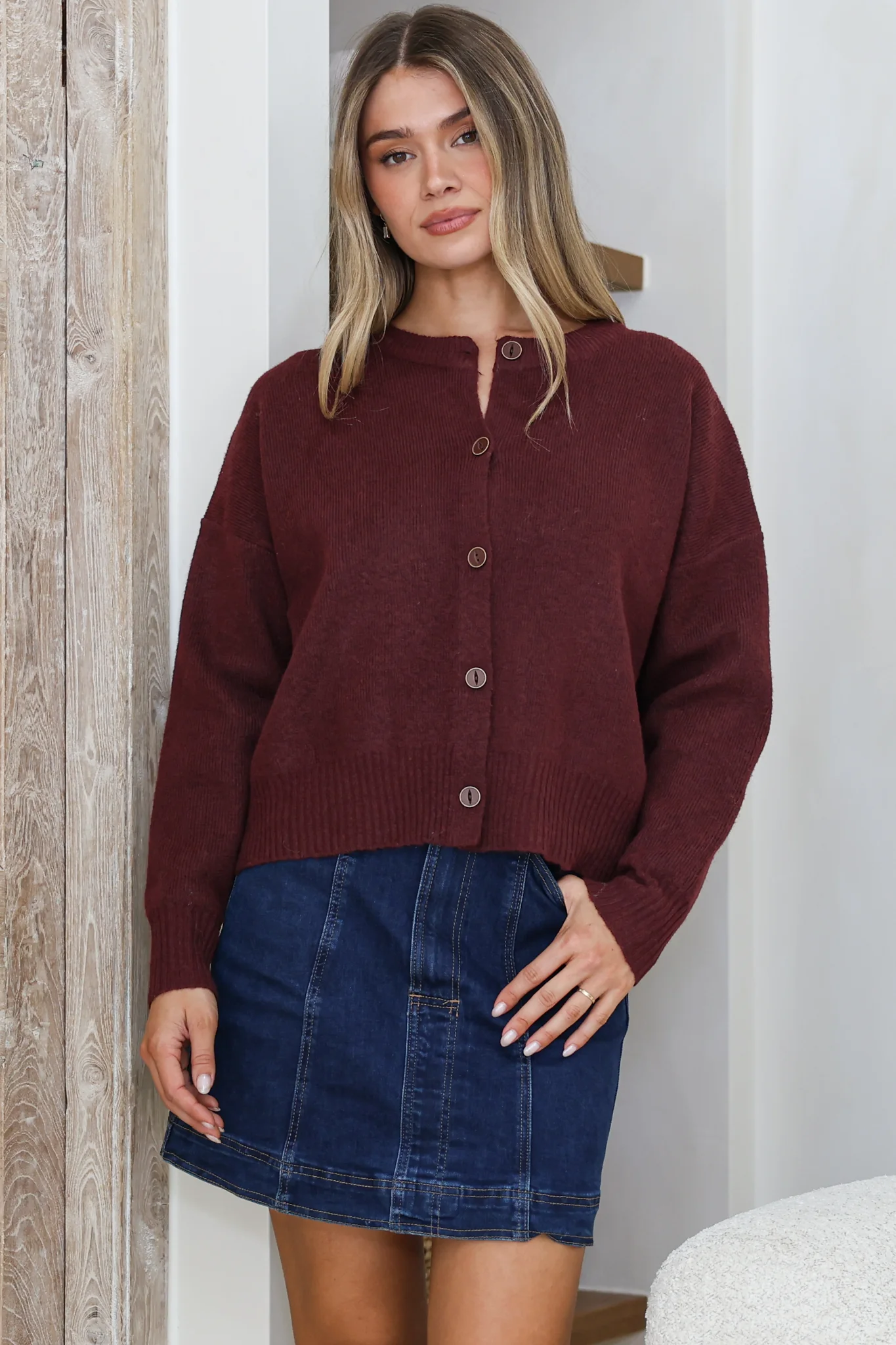 Caelan Cardigan - Crew Neck Gold Trim Matching Buttoned Crop Knit in Wine - Image 3