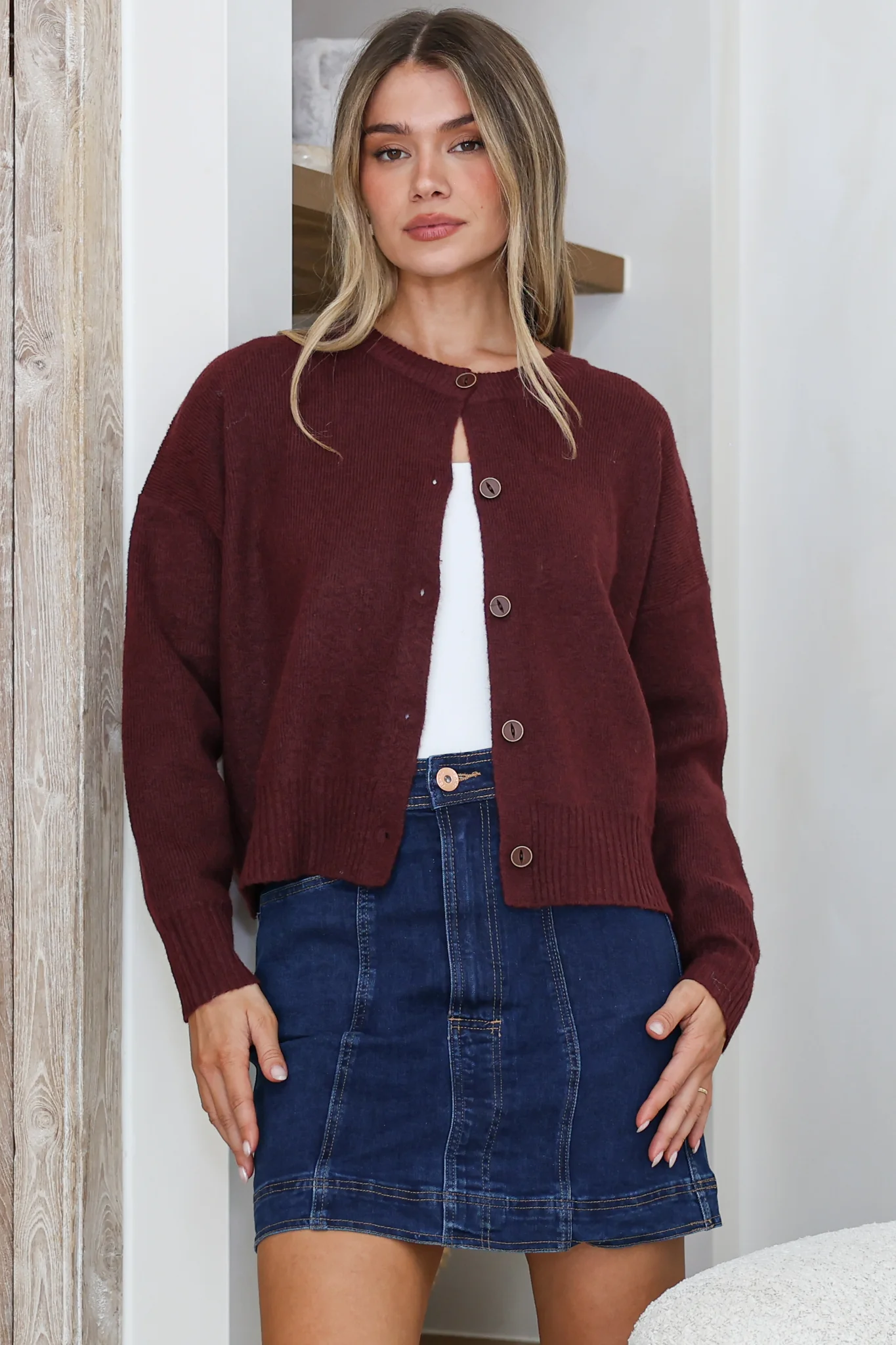 Caelan Cardigan - Crew Neck Gold Trim Matching Buttoned Crop Knit in Wine - Image 4