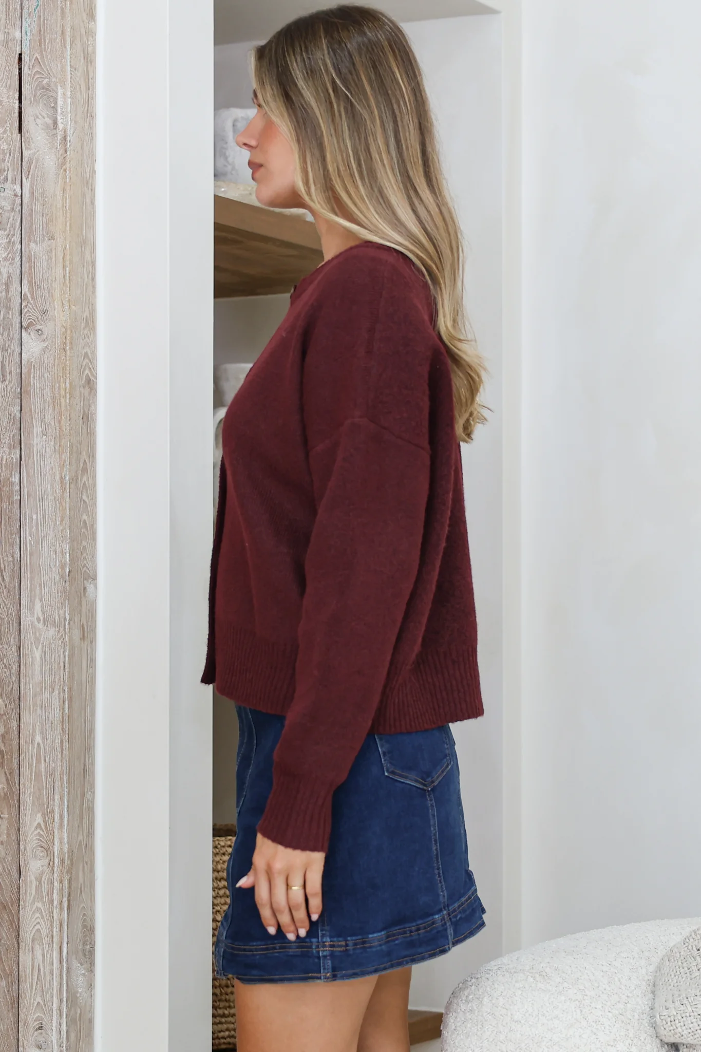 Caelan Cardigan - Crew Neck Gold Trim Matching Buttoned Crop Knit in Wine - Image 5