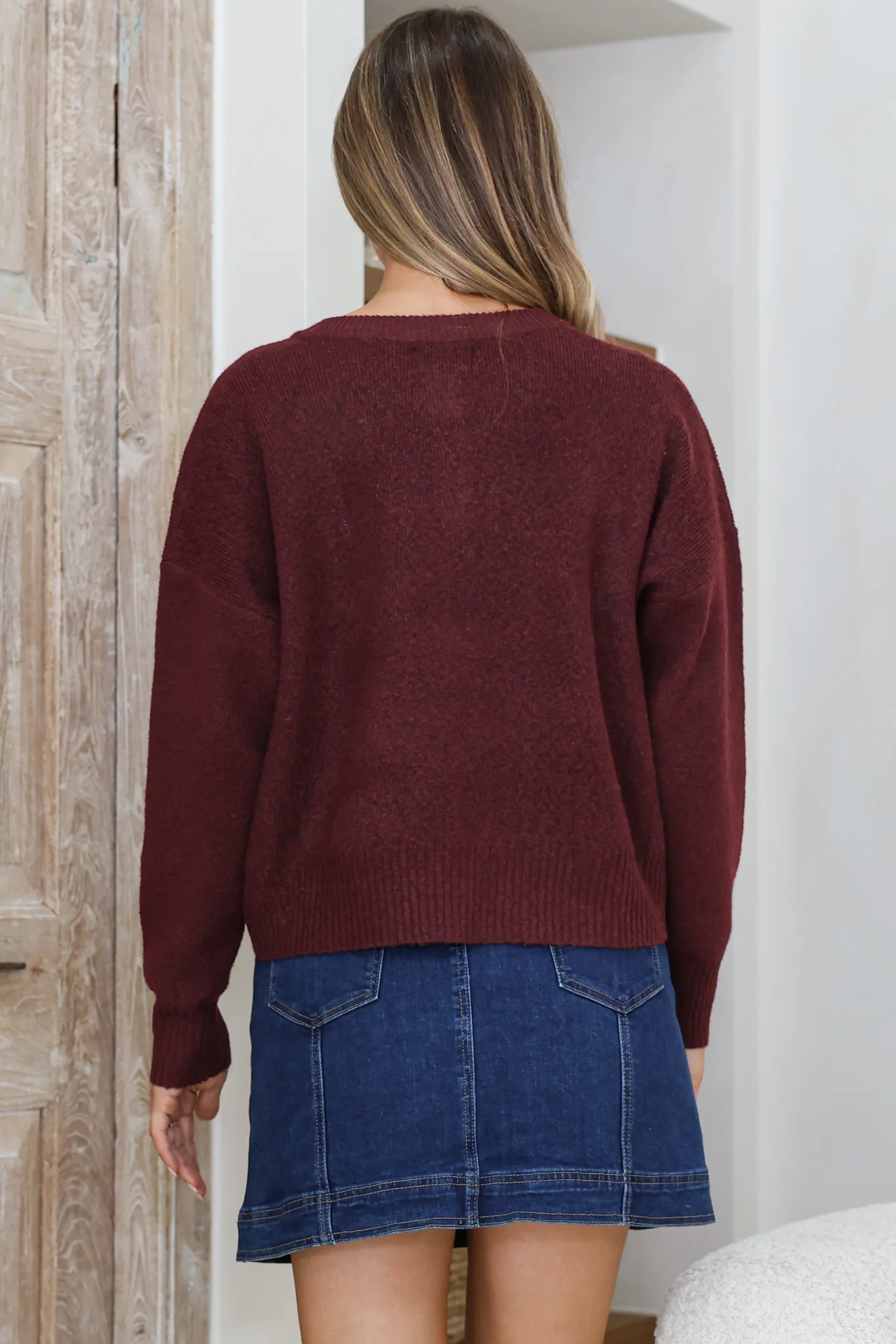Caelan Cardigan - Crew Neck Gold Trim Matching Buttoned Crop Knit in Wine - Image 6